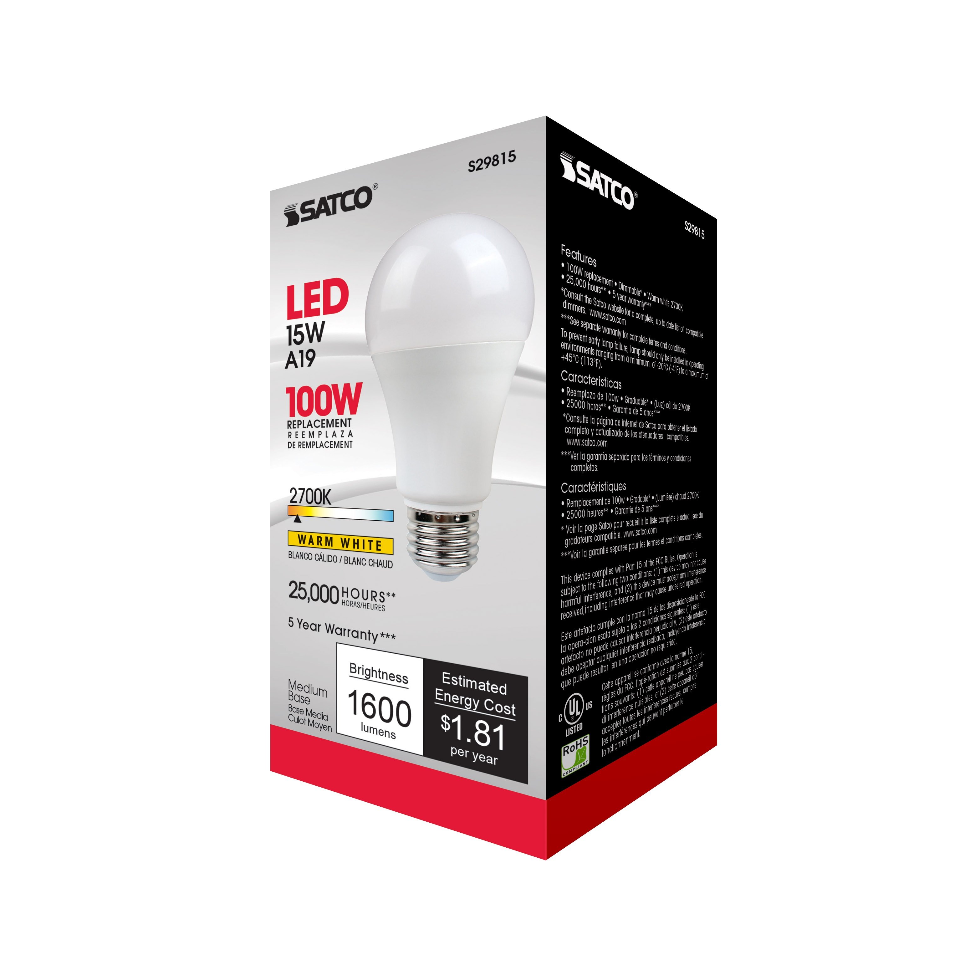 Picture of S29815 - 15 Watt - A19 LED - Frosted - 2700K - Medium base - 220 deg. Beam Angle - 120 Volt