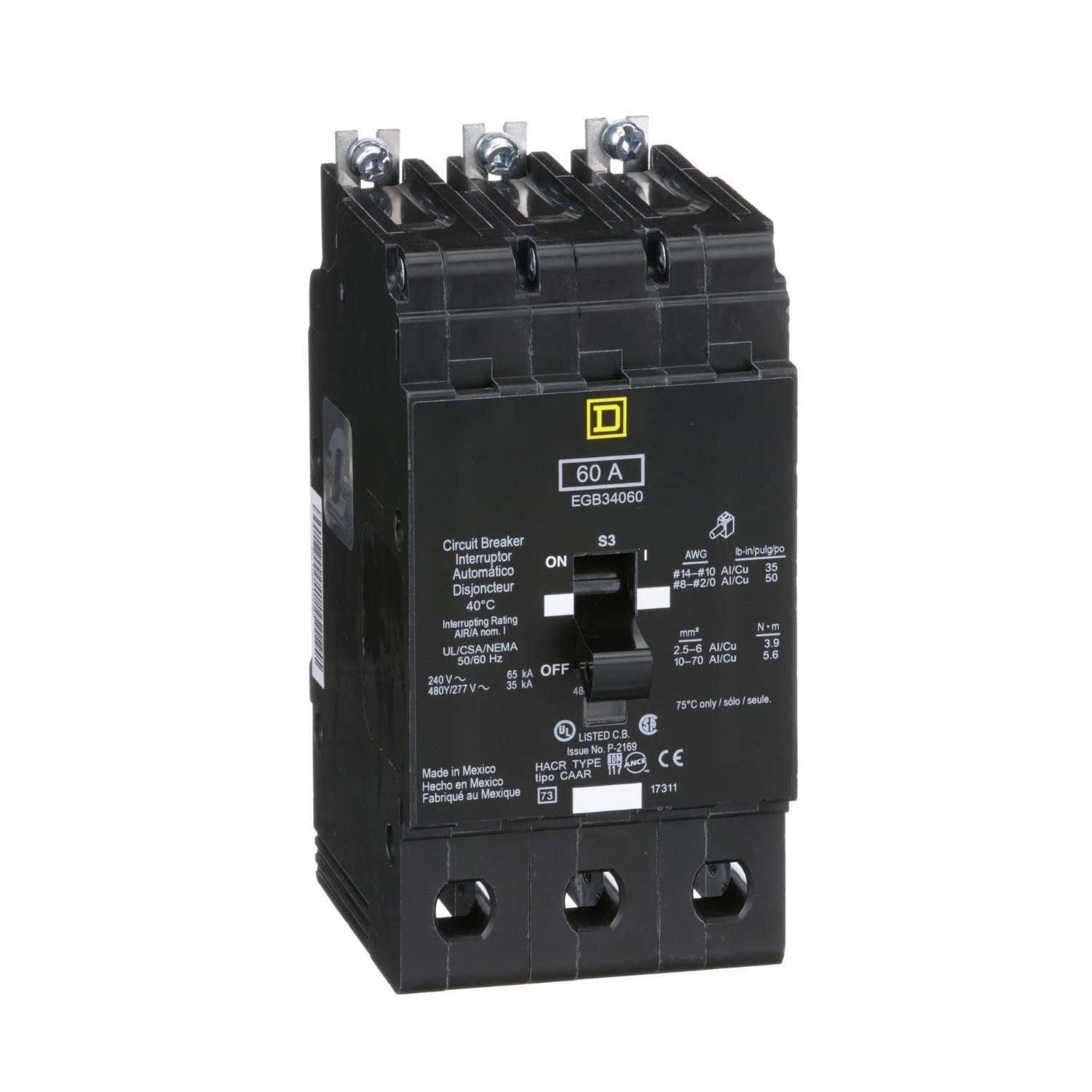 EGB34060 - [TAA] Mini circuit breaker, E-Frame, 60A, 3 pole, 480Y/277VAC, 65kA max, bolt on