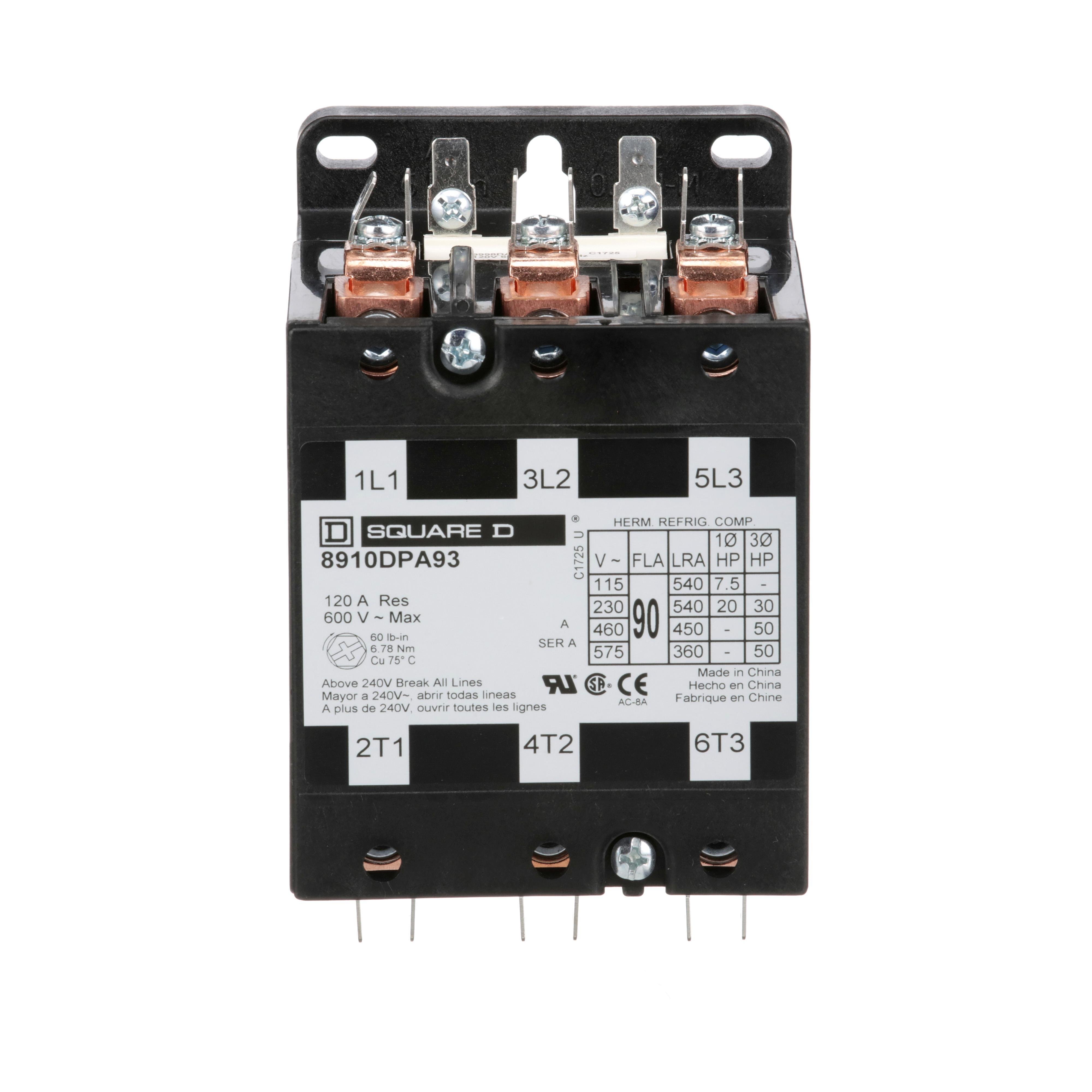 8910DPA93V02 - Contactor, Definite Purpose, 90A, 3 pole, 50HP at 575VAC, 3 phase, 110/120VAC 50/60Hz coil, open