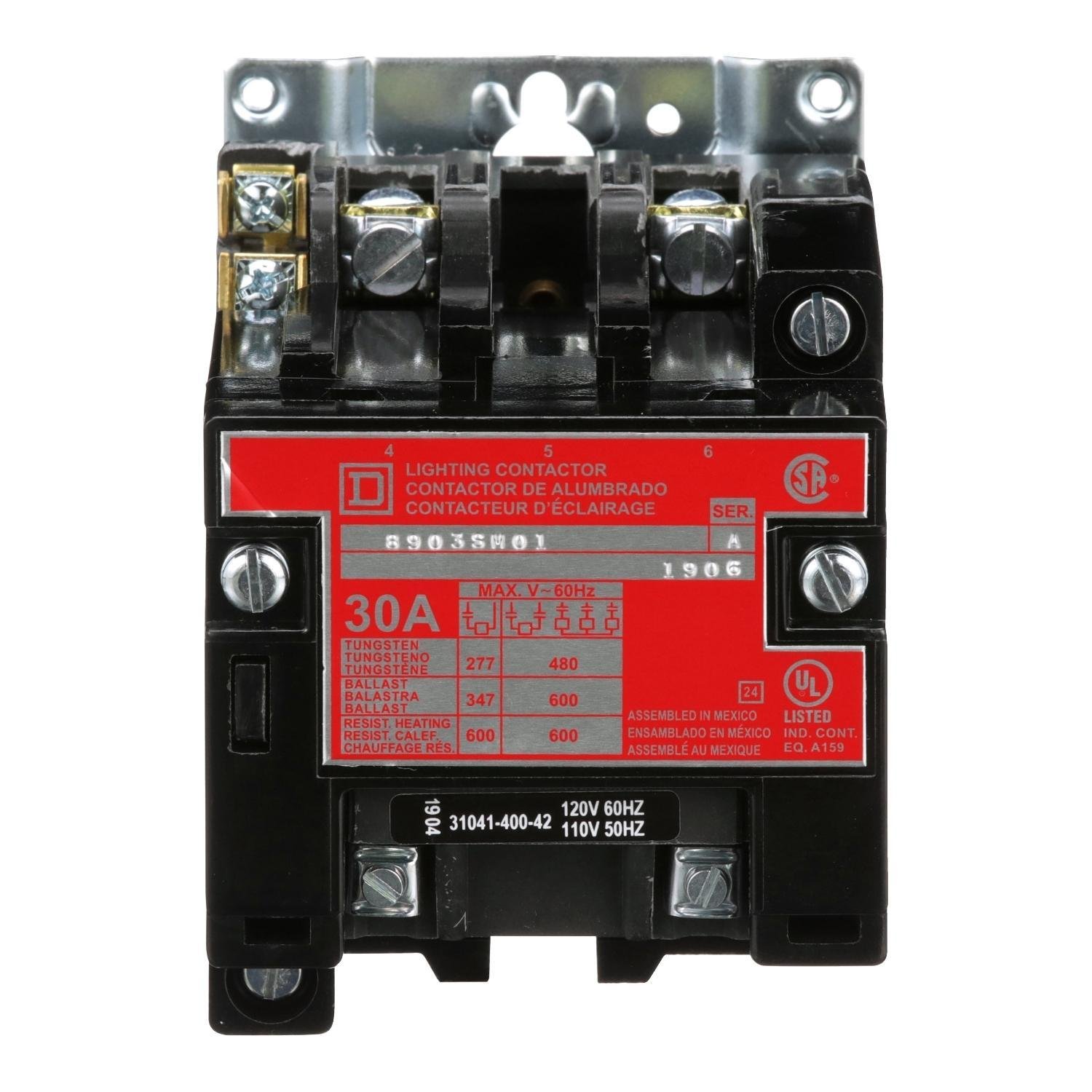 8903SMO1V02 - Contactor, Type S, multipole lighting, electrically held, 30A, 2 pole, 110/120VAC 50/60Hz coil, open style [TAA]