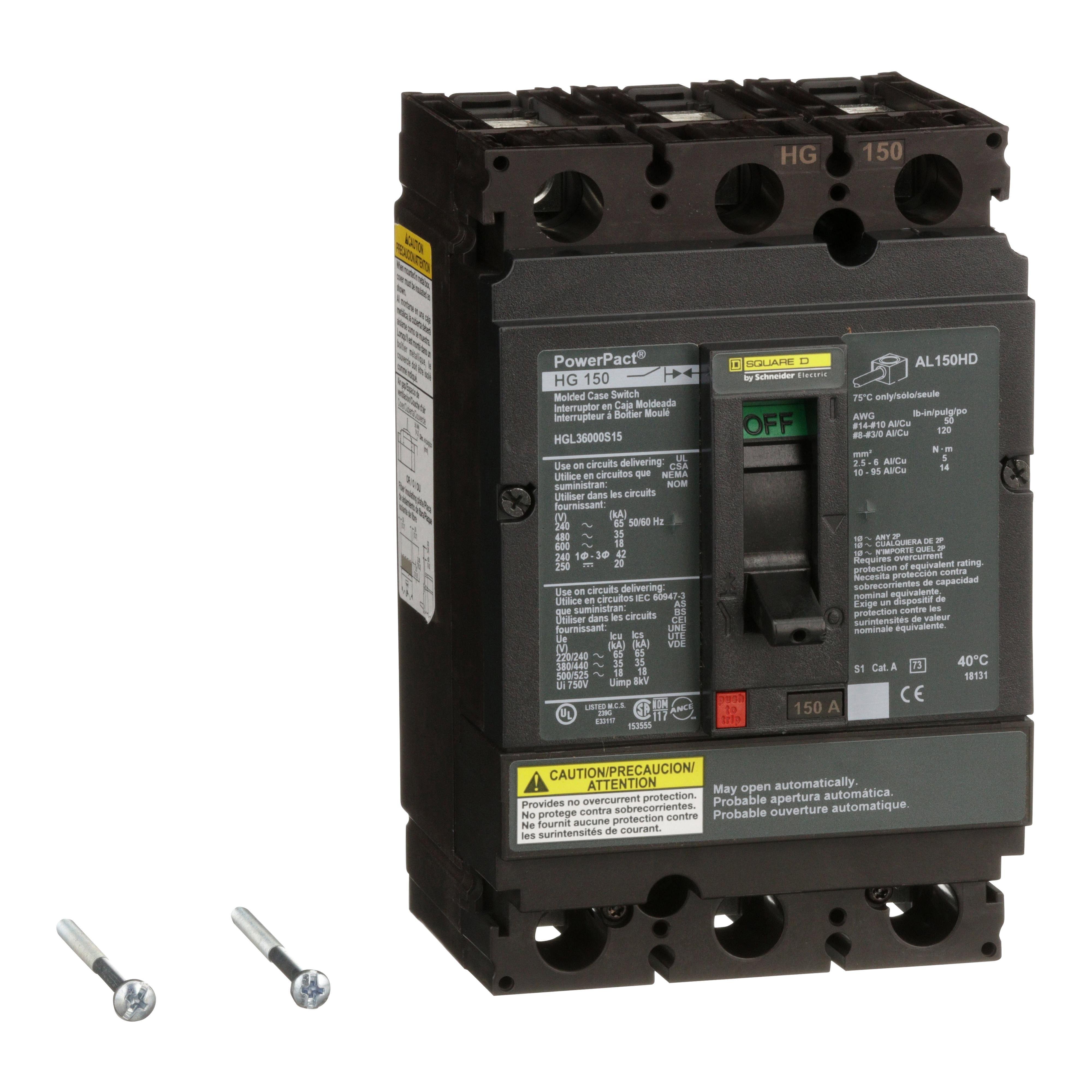 HGL36000S15 - Automatic switch, PowerPacT H, 150A, 3 pole, 600VAC, 18kA, lugs, magnetic