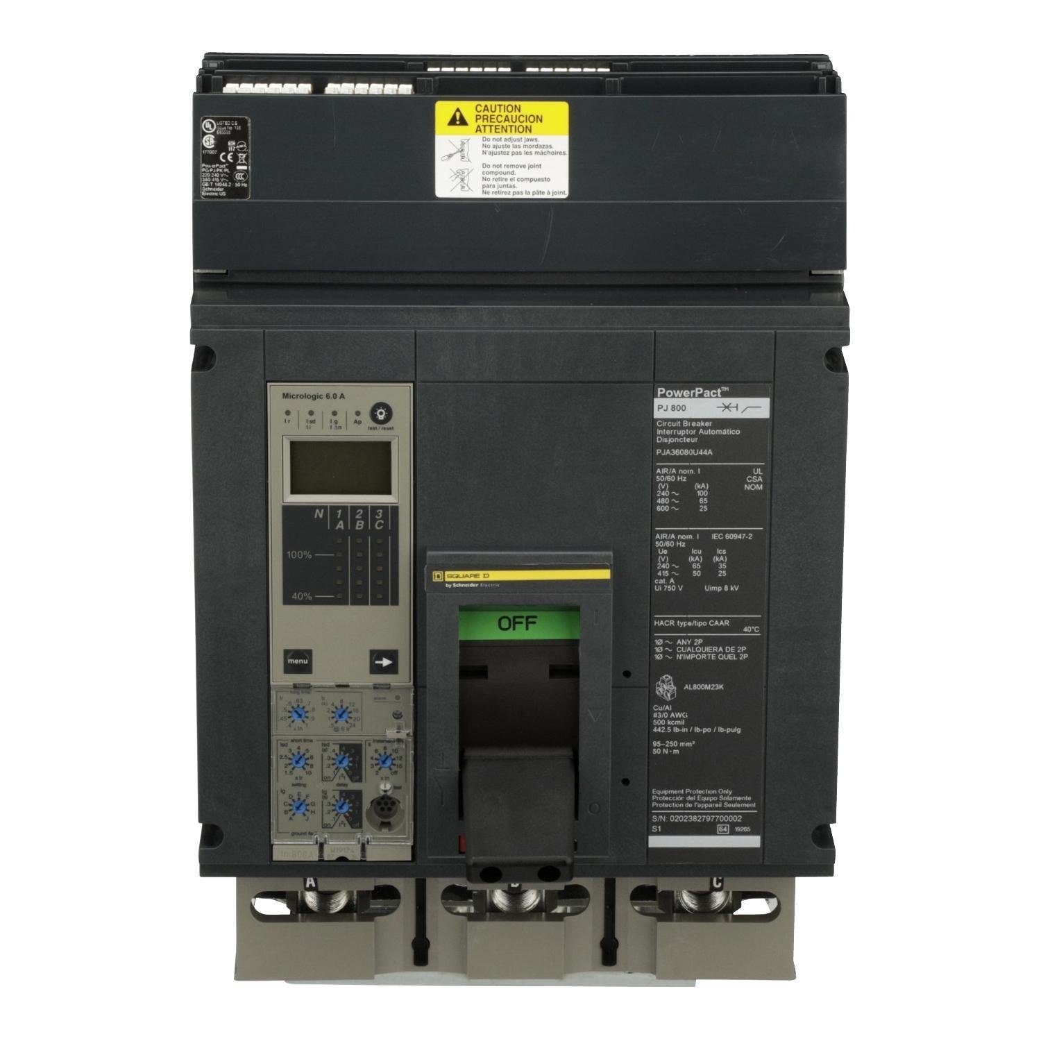 PJA36080U44A - Circuit breaker, PowerPacT P, 800A, 3 pole, 600VAC, 25kA, I-Line, Micrologic 6.0A, 80%, ABC