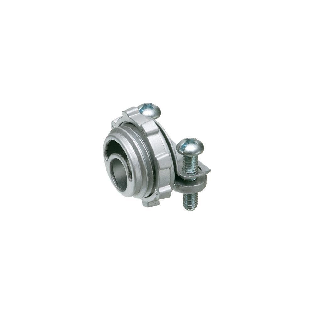 8402 - Zinc die-cast, 3/4" knockout cable connector with round end stop. End stop diameter: .620. Secures to knockout with a locknut.
