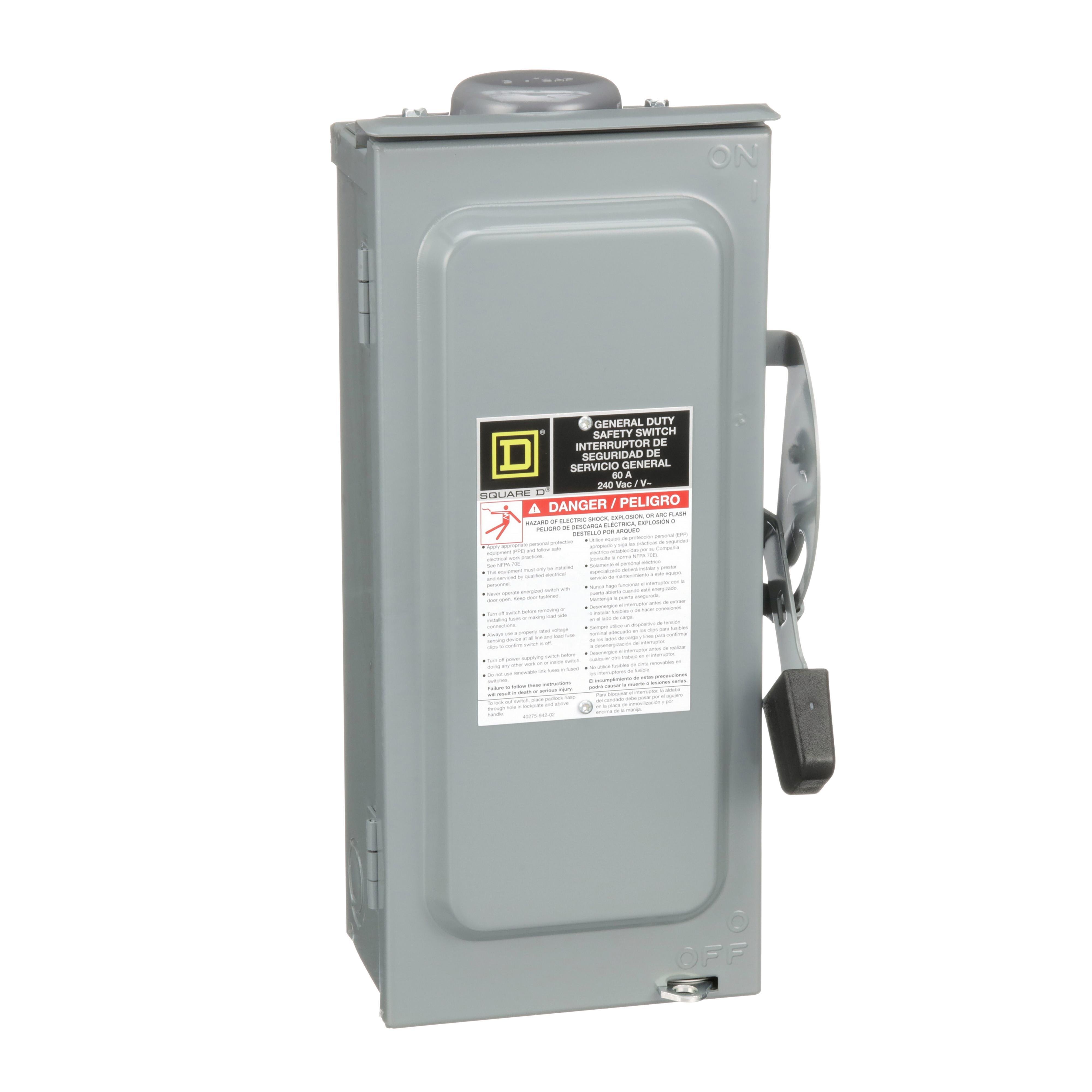 D322NRB - Safety switch, general duty, fusible, 60A, 3 pole, 15hp, 240VAC, NEMA 3R, bolt on provision, neutral factory installed