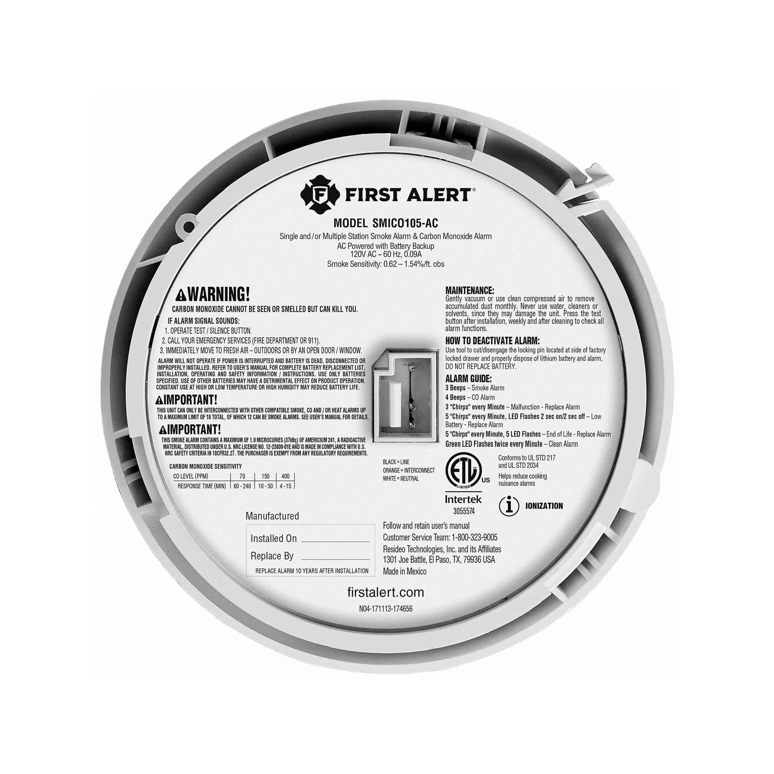 1046884 ( SMICO105-AC ) - First Alert Precision Detection Interconnect Hardwired Smoke and Carbon Monoxide Alarm with 10-Year Battery Backup