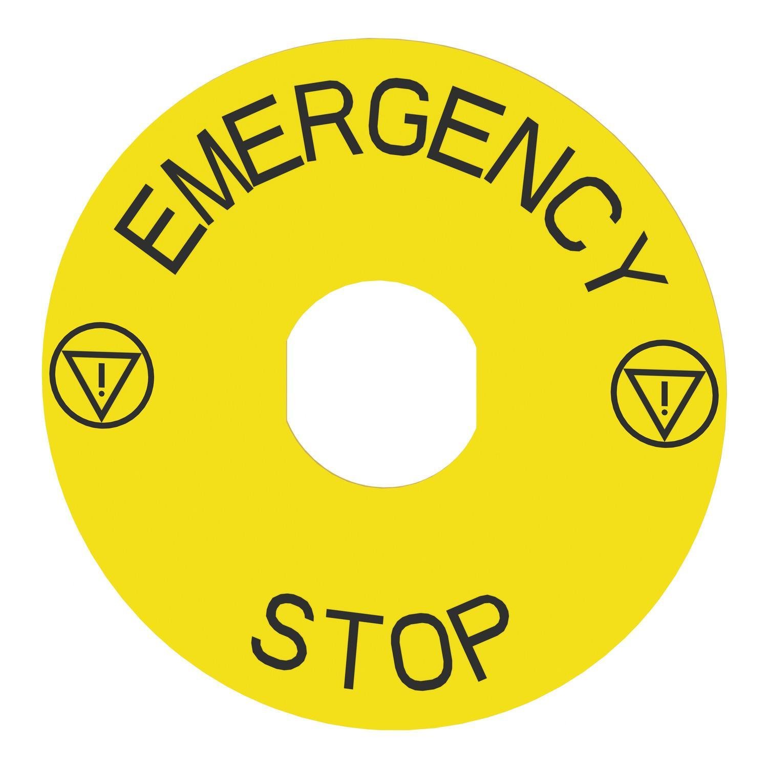ZBY8330 - Marked legend, Harmony XB4, plastic, yellow, 90mm, for emergency stop, marked EMERGENCY STOP with logo ISO13851