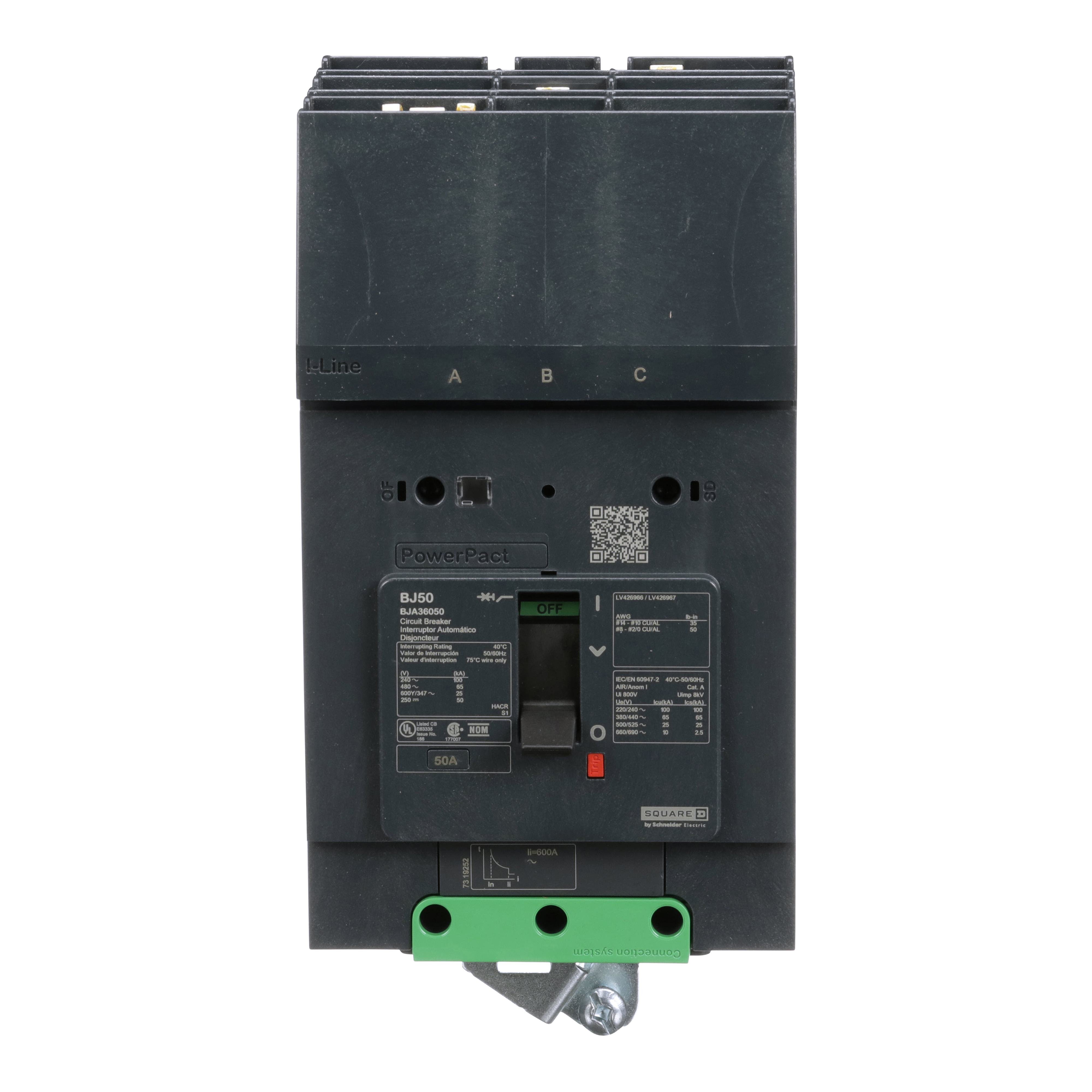 Picture of BJA36050 - Circuit breaker, PowerPacT B, 50A, 3 pole, 600Y/347VAC, 25kA, I-Line, thermal magnetic, 80%, ABC
