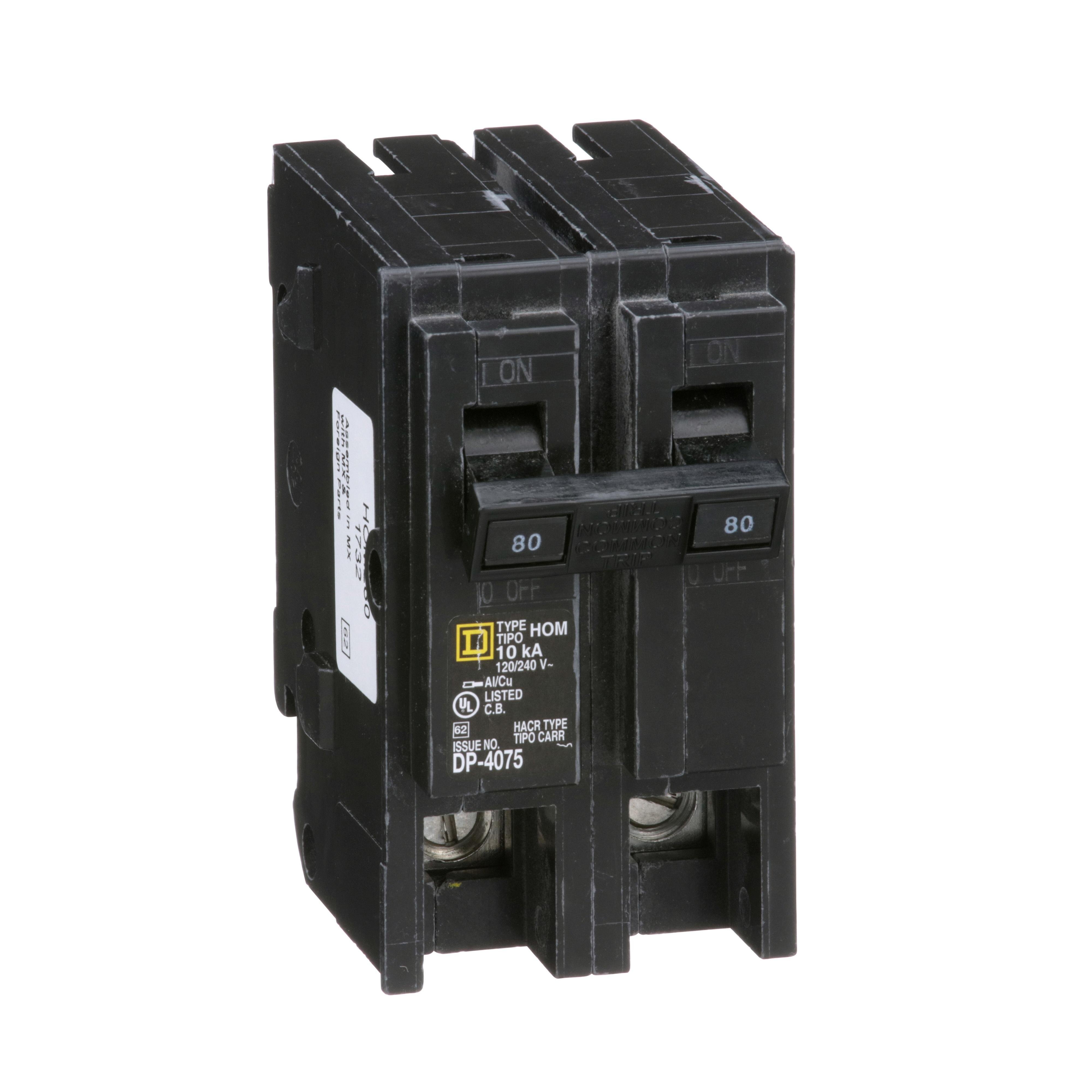 Picture of HOM280 - Mini circuit breaker, Homeline, 80A, 2 pole, 120/240VAC, 10kA AIR, standard type, plug in, UL