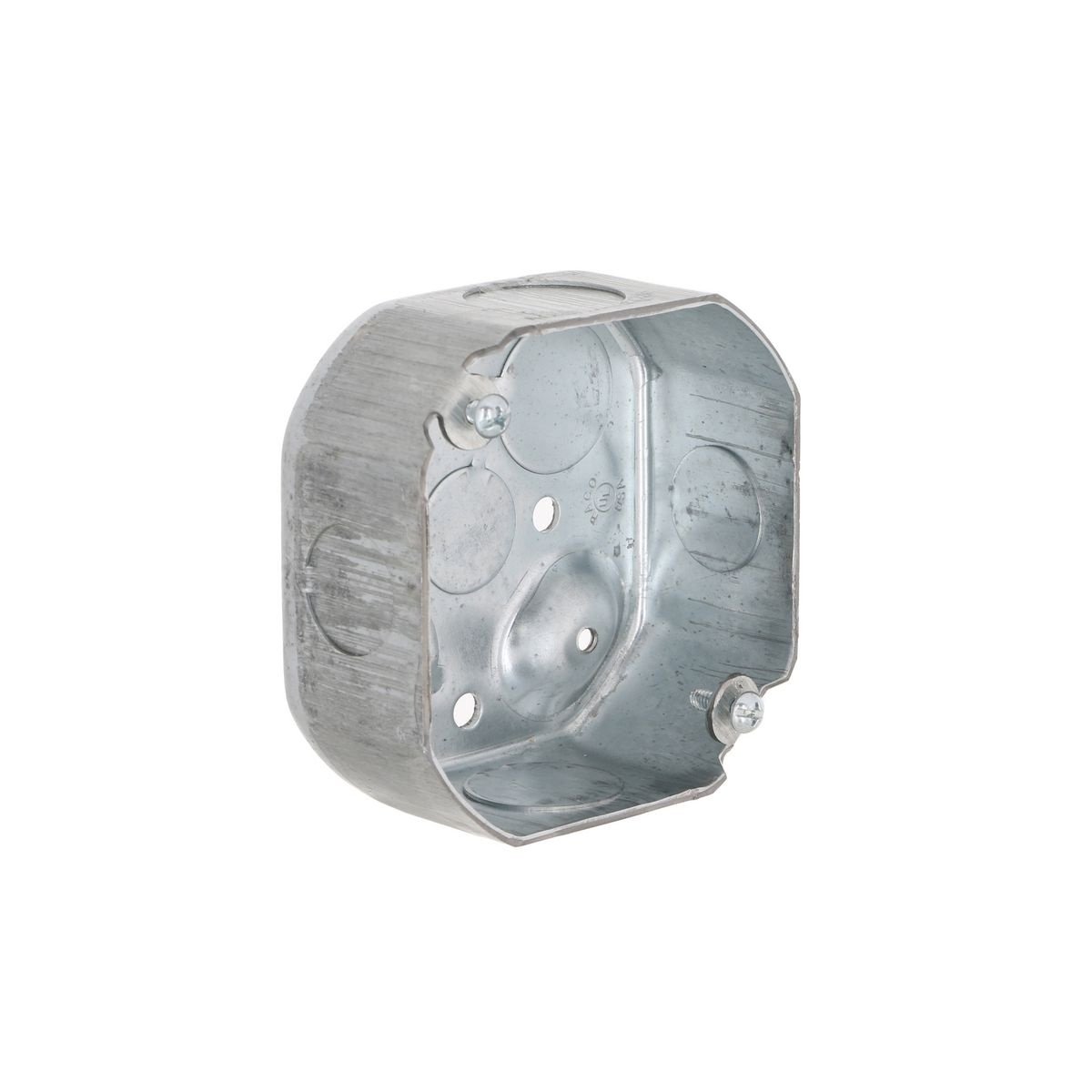 127 - 4 in. Octagon Box, Drawn, 1-1/2 in. Deep, Four 1/2 & Four 3/4 in. KO's, Raised Ground