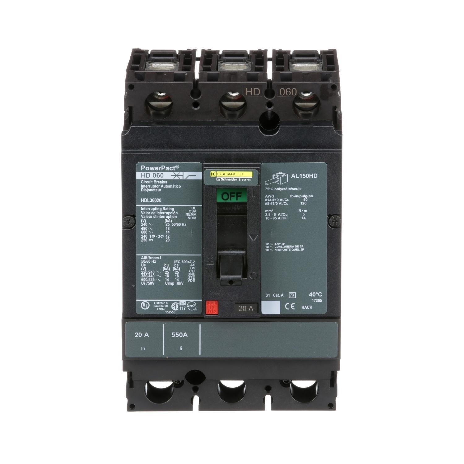 HDL36020 - Circuit breaker, PowerPacT H, 20A, 3 pole, 600VAC, 14kA, lugs, thermal magnetic, 80%