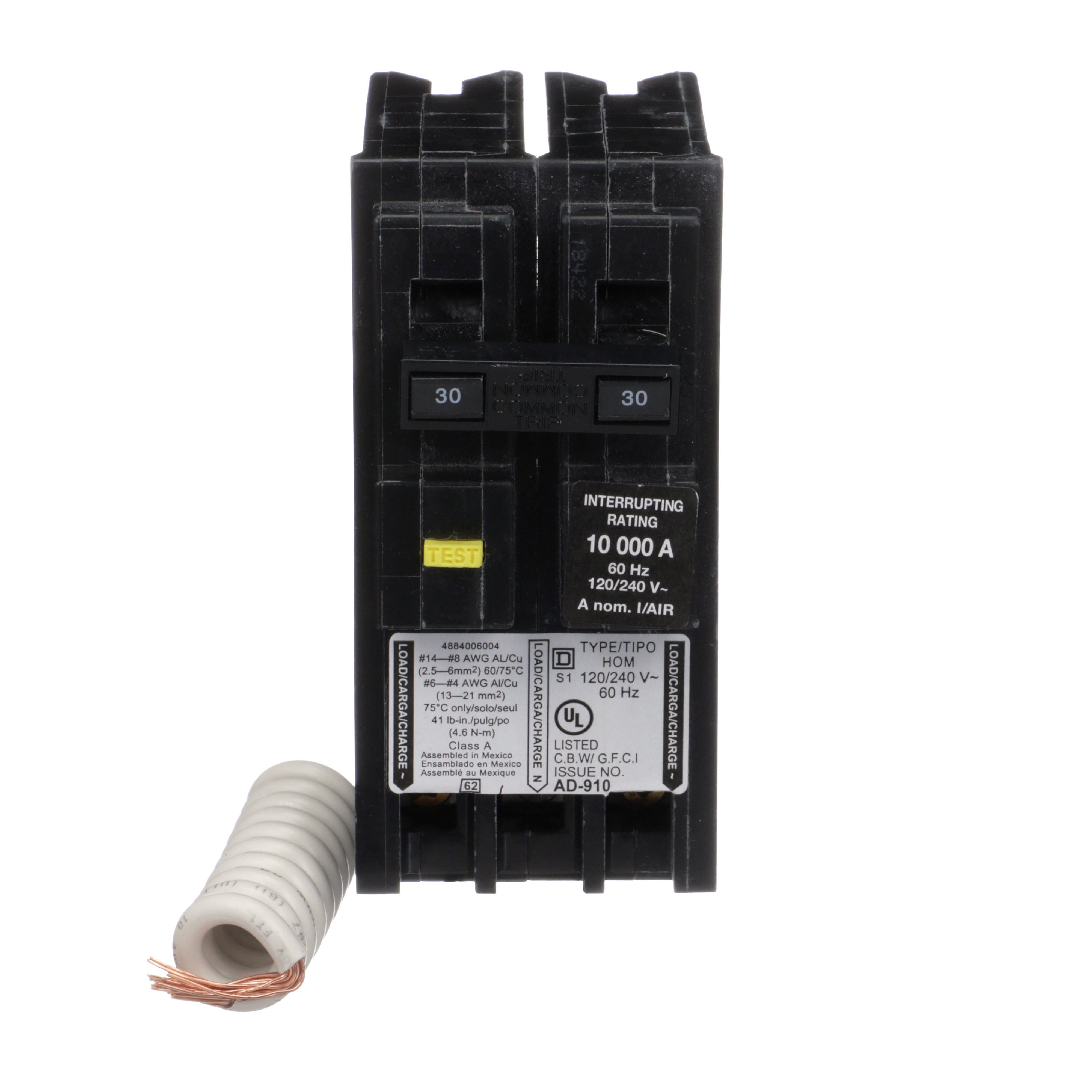 Picture of HOM230GFIC - Mini circuit breaker, Homeline, 30A, 2 pole, 120/240VAC, 10kA AIR, ground fault class A, plug in, UL [TAA]