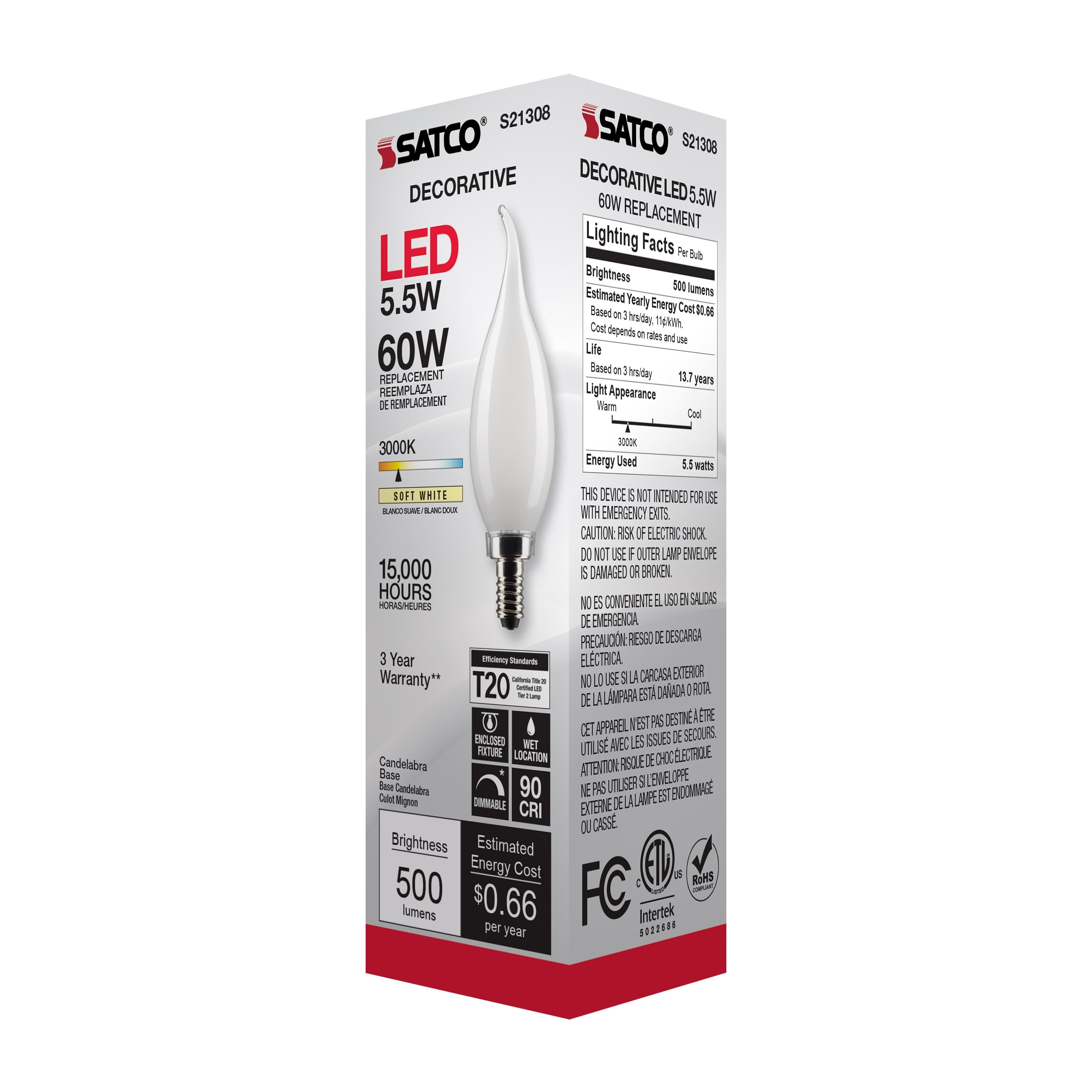 Picture of S21308 - 5.5 Watt CA10 LED - Frost - Candelabra base - 90 CRI - 3000K - 120 Volt