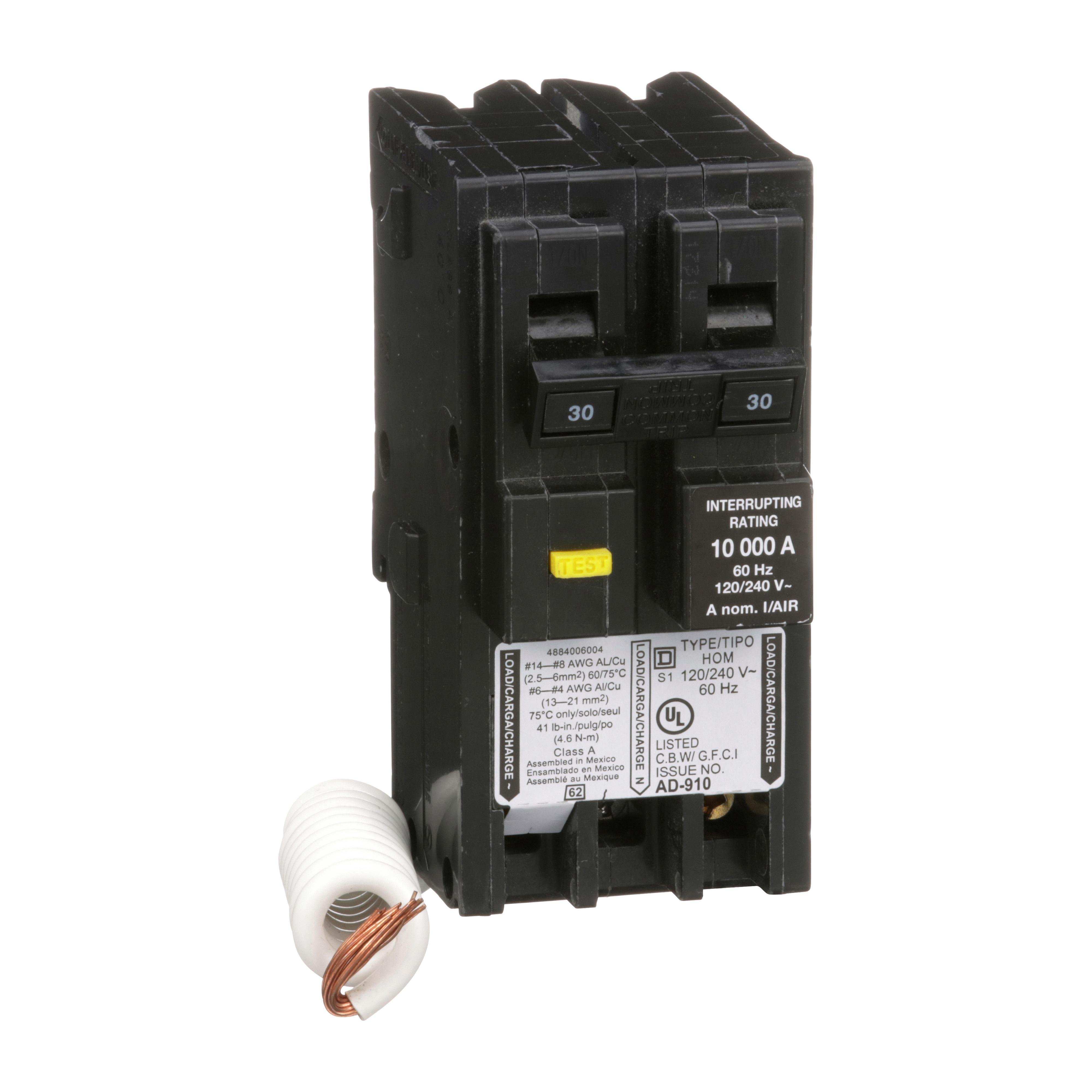 Picture of HOM230GFI - [TAA] Mini circuit breaker, Homeline, 30A, 2 pole, 120/240VAC, 10kA AIR, ground fault class A, plug in, UL