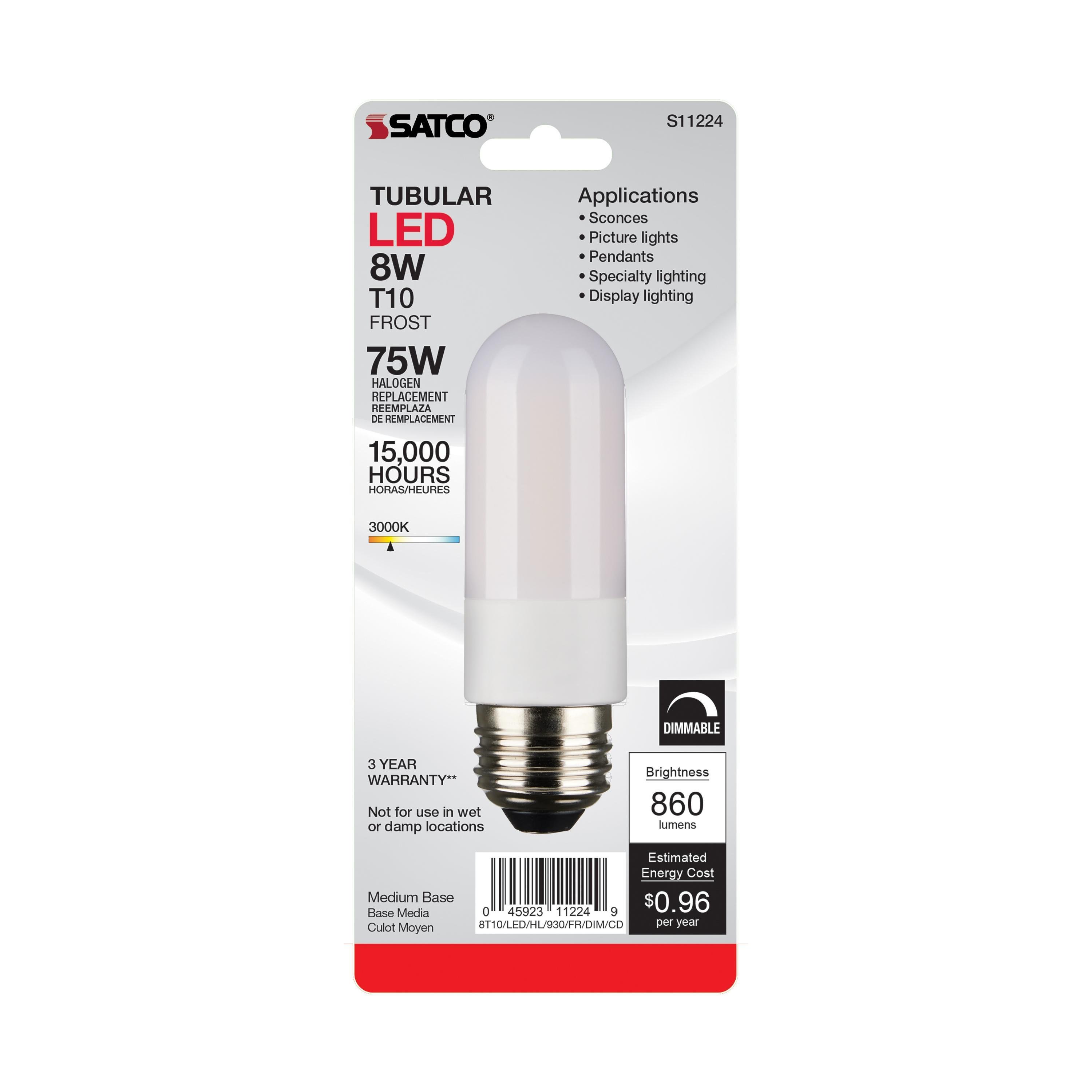 Picture of S11224 - 8 Watt T10 LED - Frosted - Medium base - 3000K - High Lumen - 120 Volt - 90 CRI - Dimmable - Carded