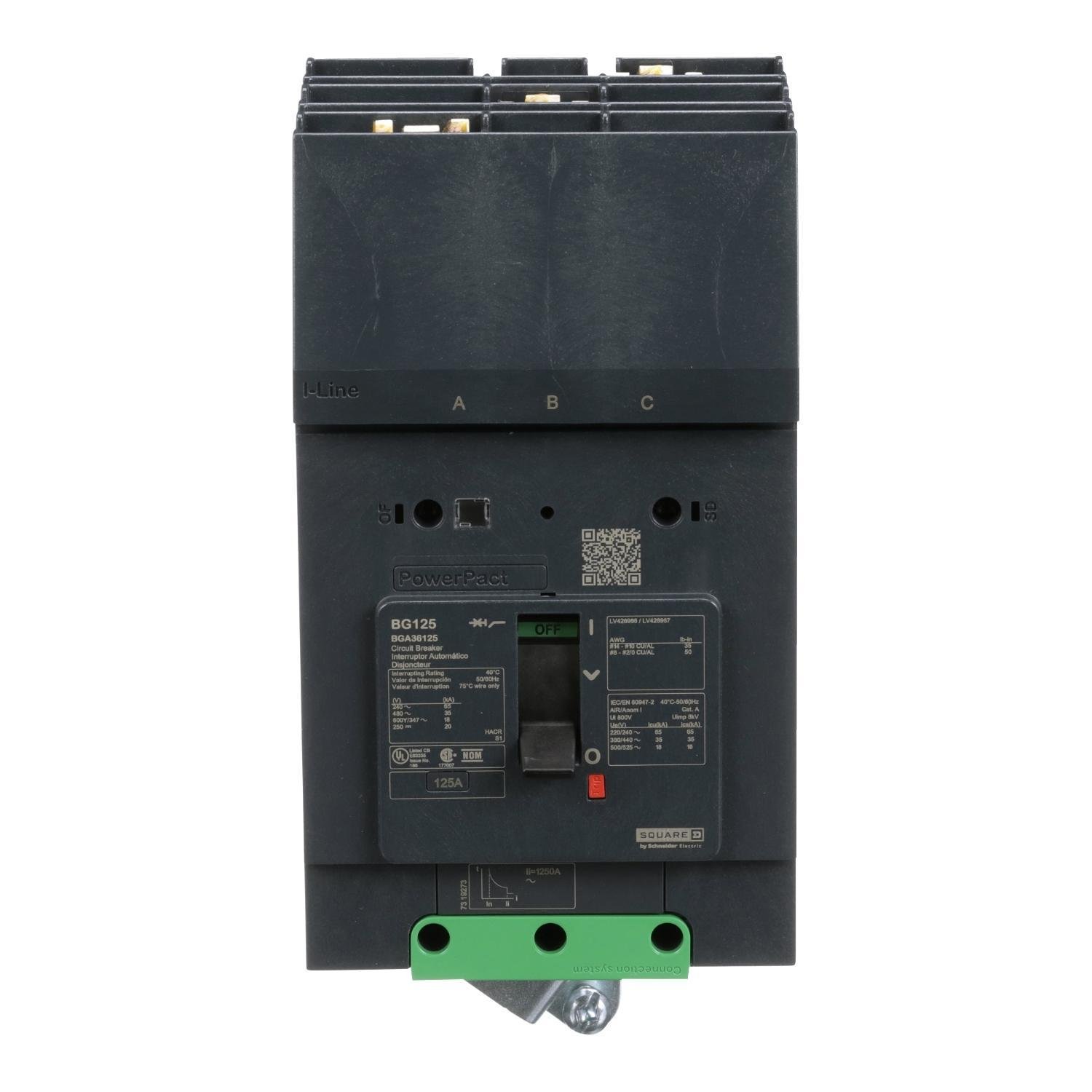 BGA36125 - Circuit breaker, PowerPacT B, 125A, 3 pole, 600Y/347VAC, 18kA, I-Line, thermal magnetic, 80%, ABC