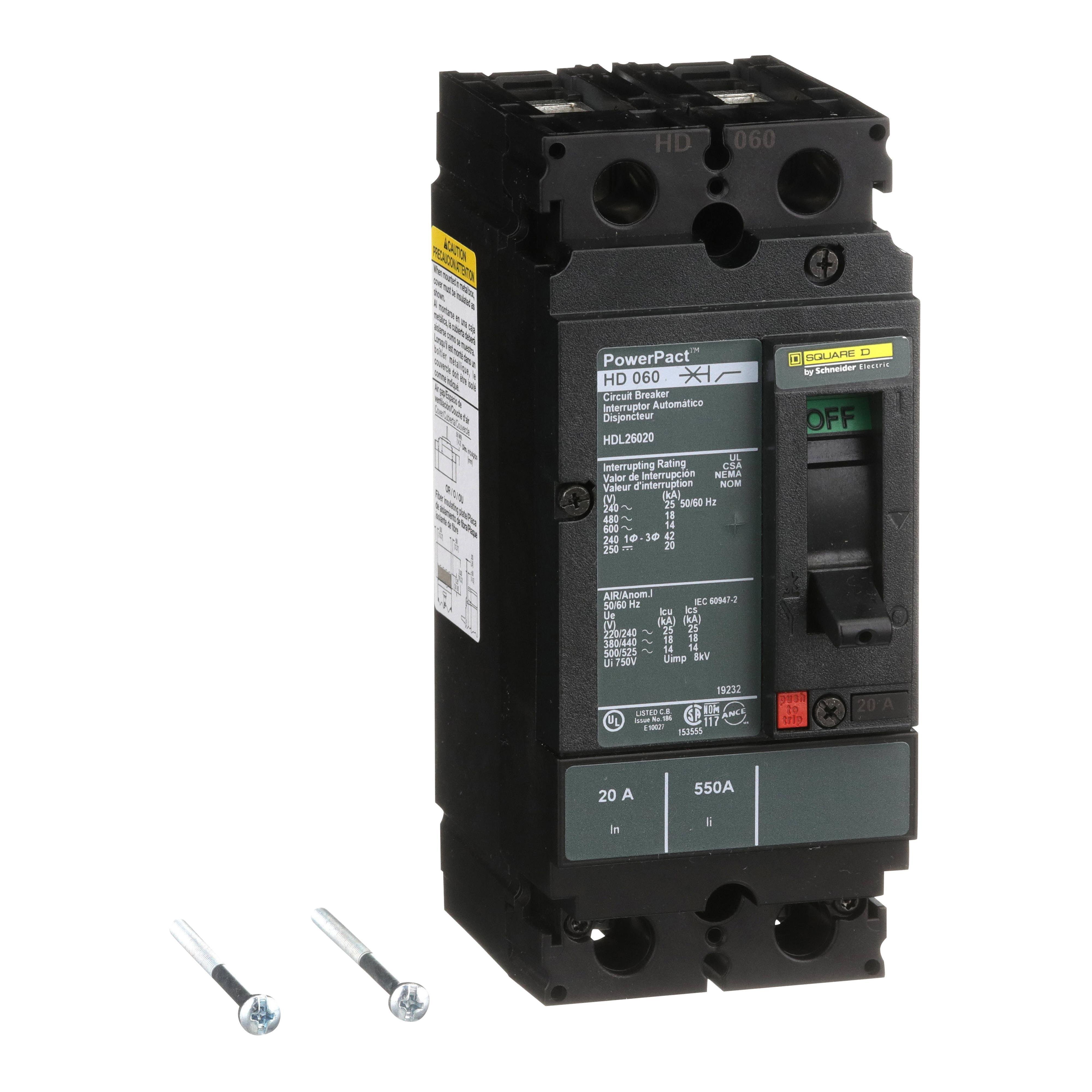 HDL26020 - Circuit breaker, PowerPacT H, 20A, 2 pole, 600VAC, 14kA, lugs, thermal magnetic, 80%