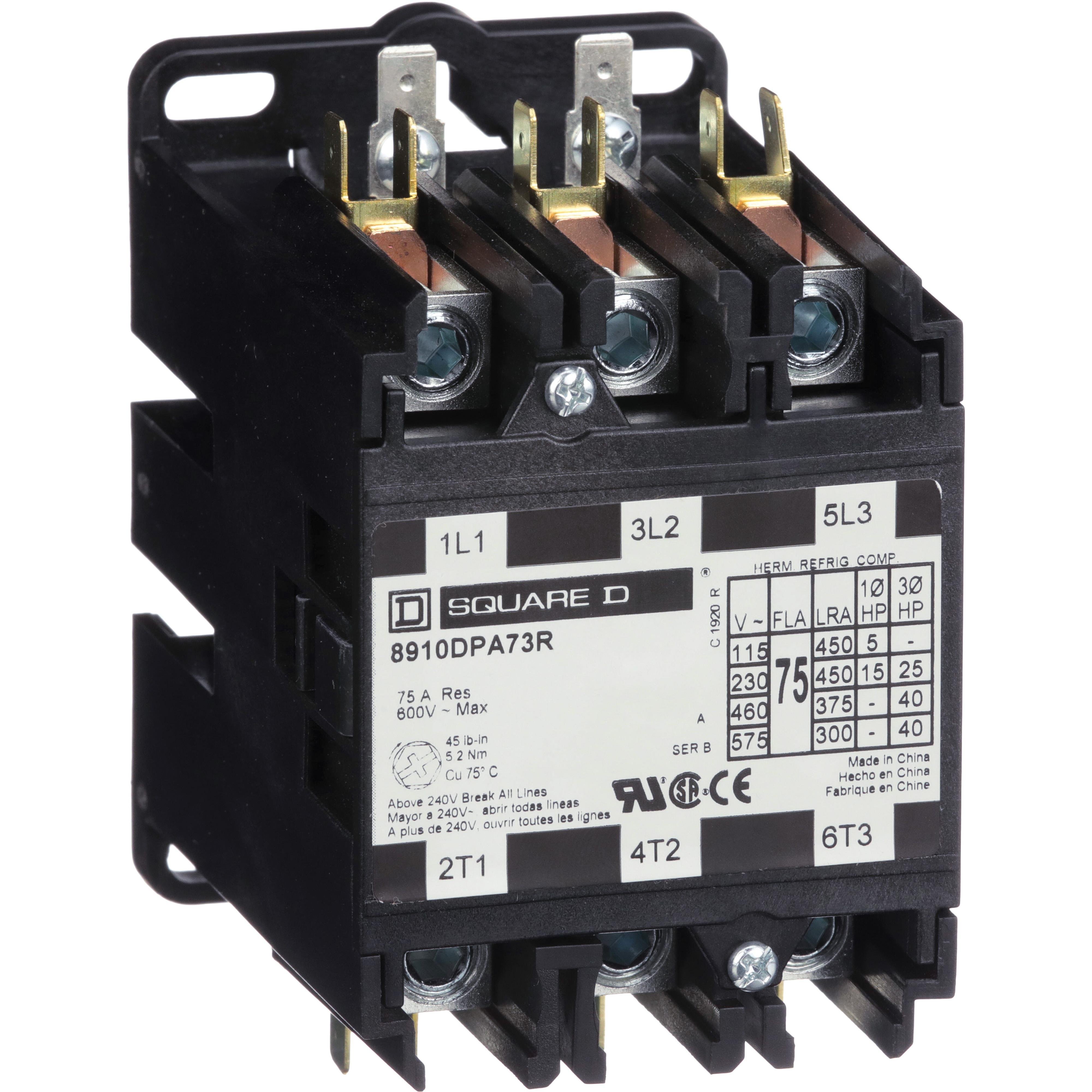 Picture of 8910DPA73RV02 - Contactor, Definite Purpose, 75A, 3 pole, 40 HP at 575 VAC, 3 phase, 110/120 VAC 50/60 Hz coil, open