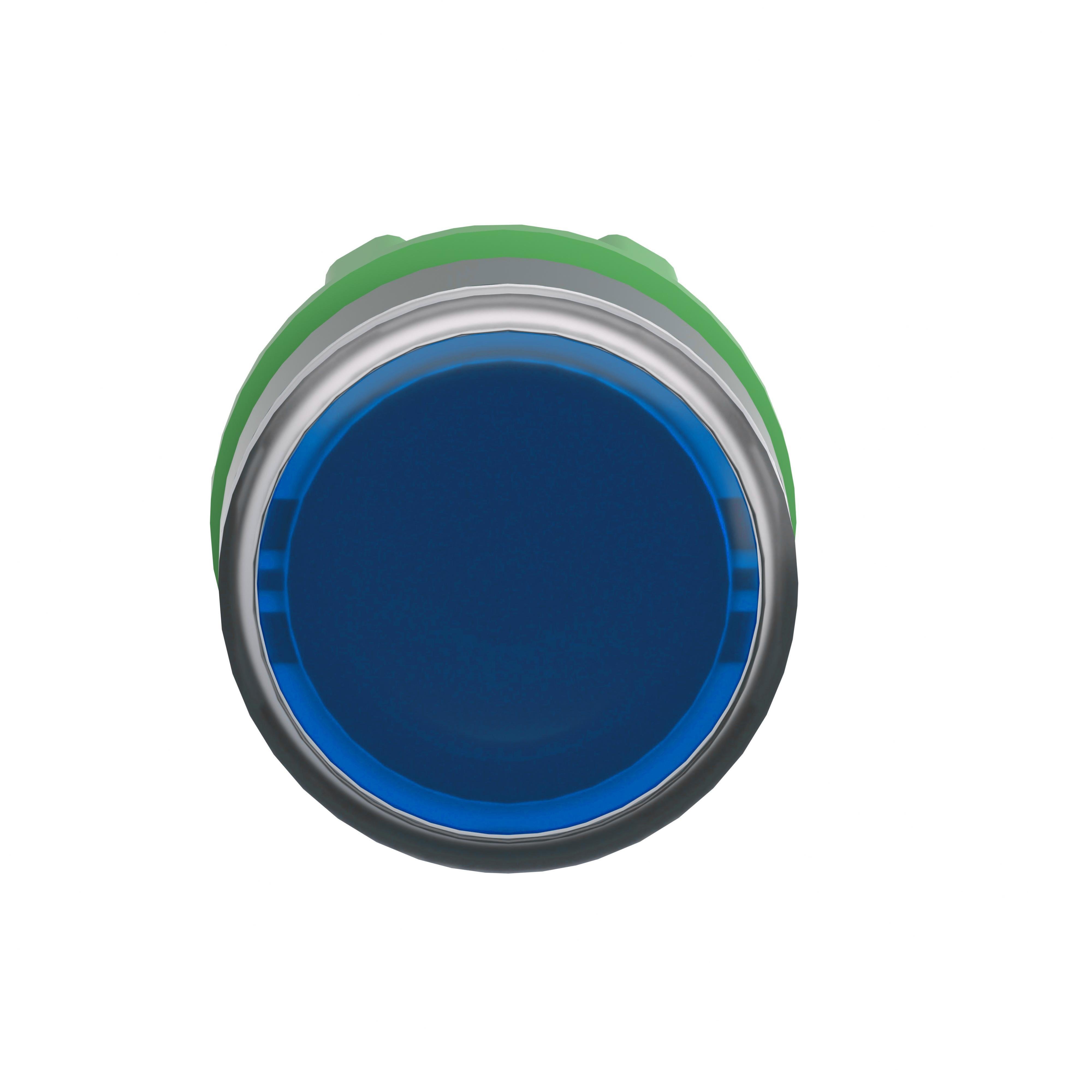Picture of ZB5AW363 - Head for illuminated push button, Harmony XB5, plastic, blue flush, 22mm, universal LED, spring return, plain lens