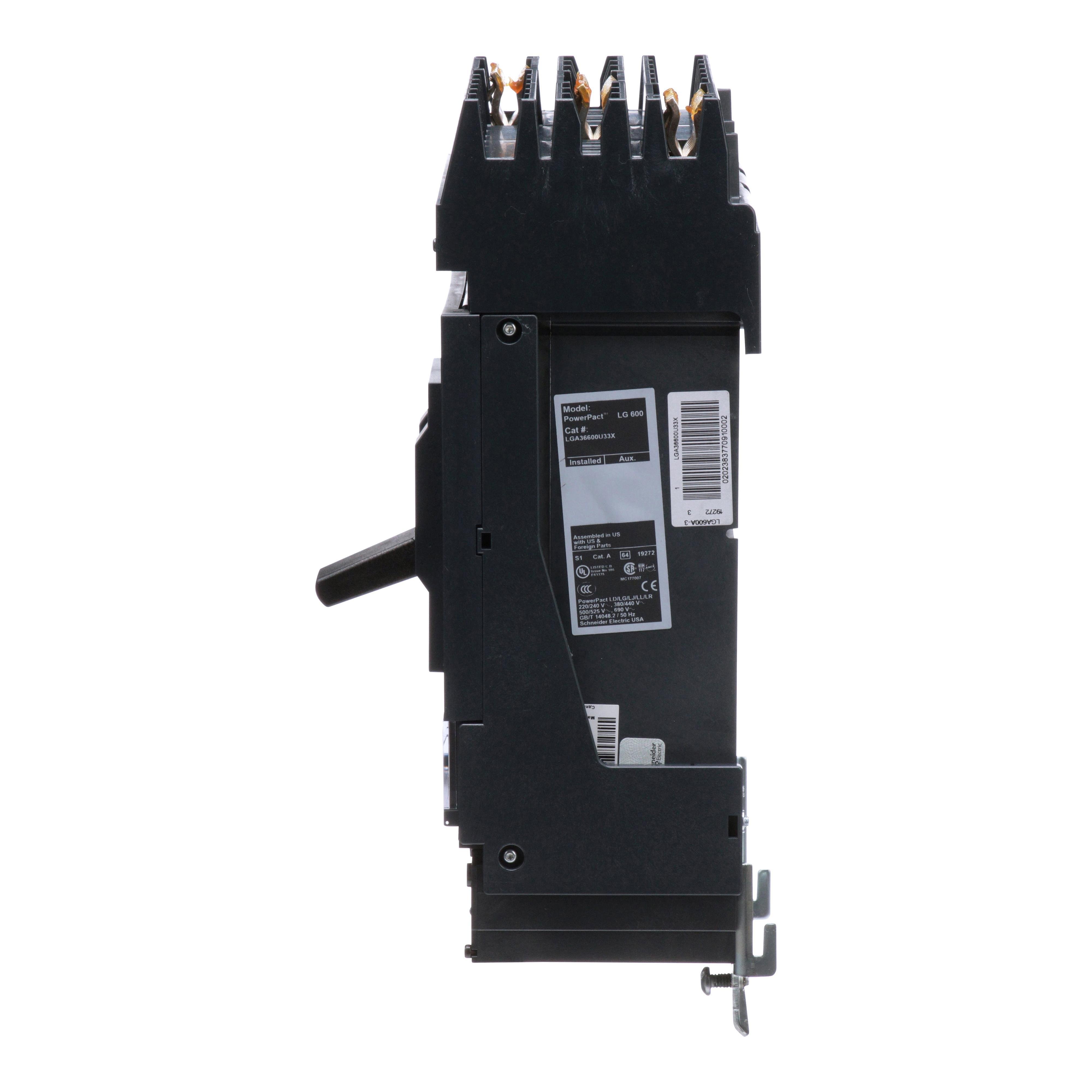 Picture of LGA36600U33X - Circuit breaker, PowerPacT L, 600A, 3 pole, 600VAC, 18kA, I-Line, MicroLogic 3.3S, 80%, ABC
