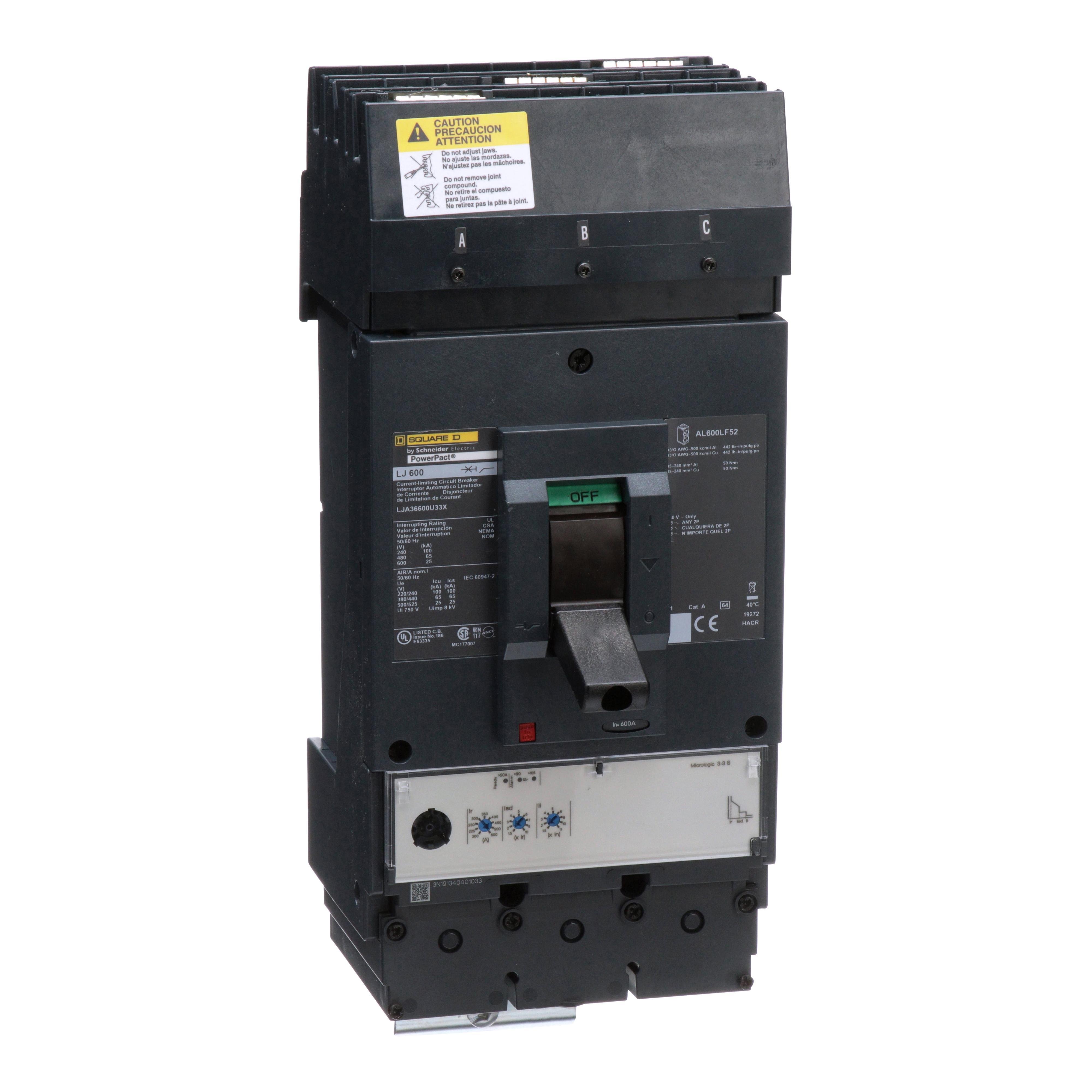 LJA36600U33X - Circuit breaker, PowerPacT L, 600A, 3 pole, 600VAC, 25kA, I-Line, MicroLogic 3.3S, 80%, ABC
