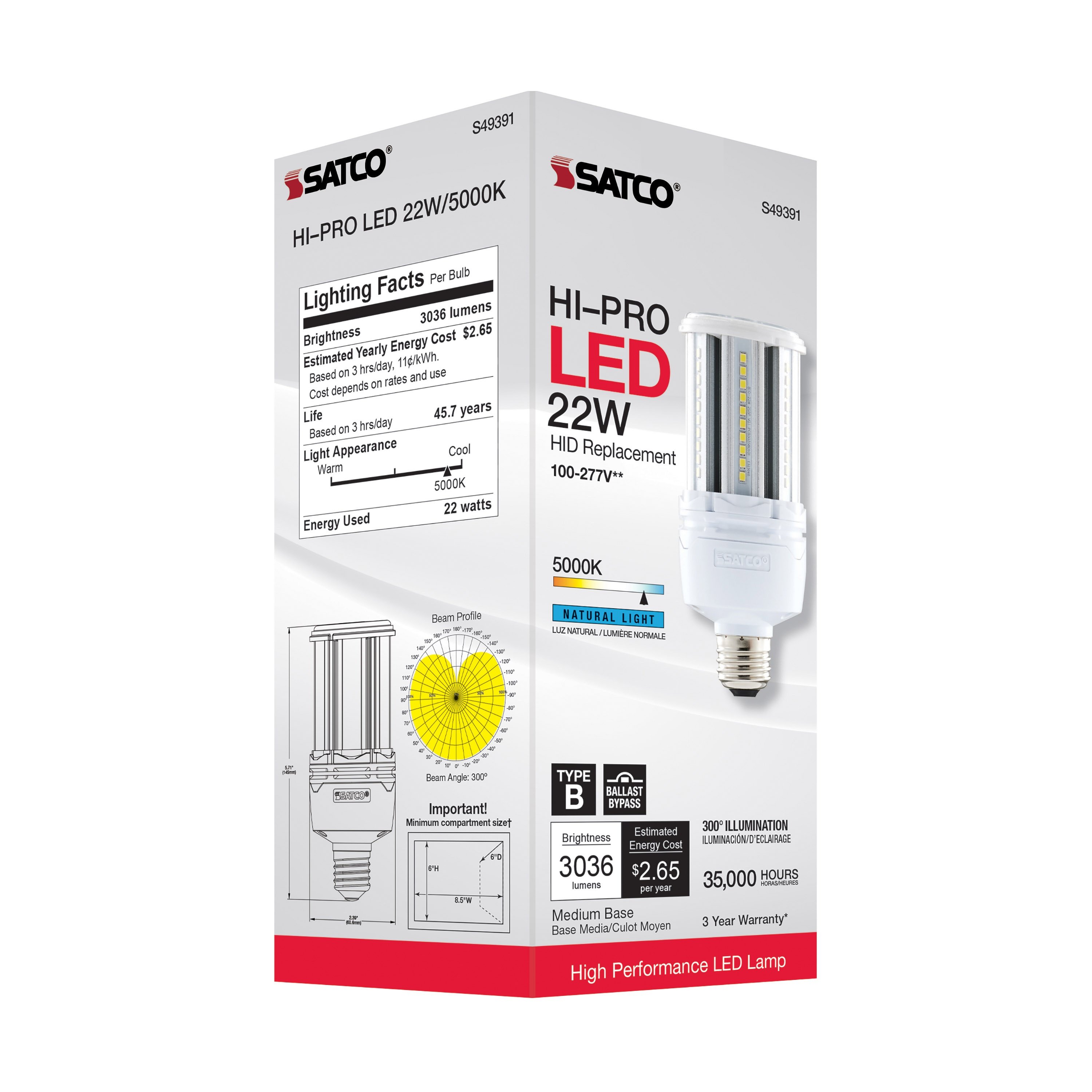 Picture of S49391 - 22 Watt LED HID Replacement - 80 CRI - 5000K - Type B - Ballast Bypass - Medium base - Economy Hi-Pro