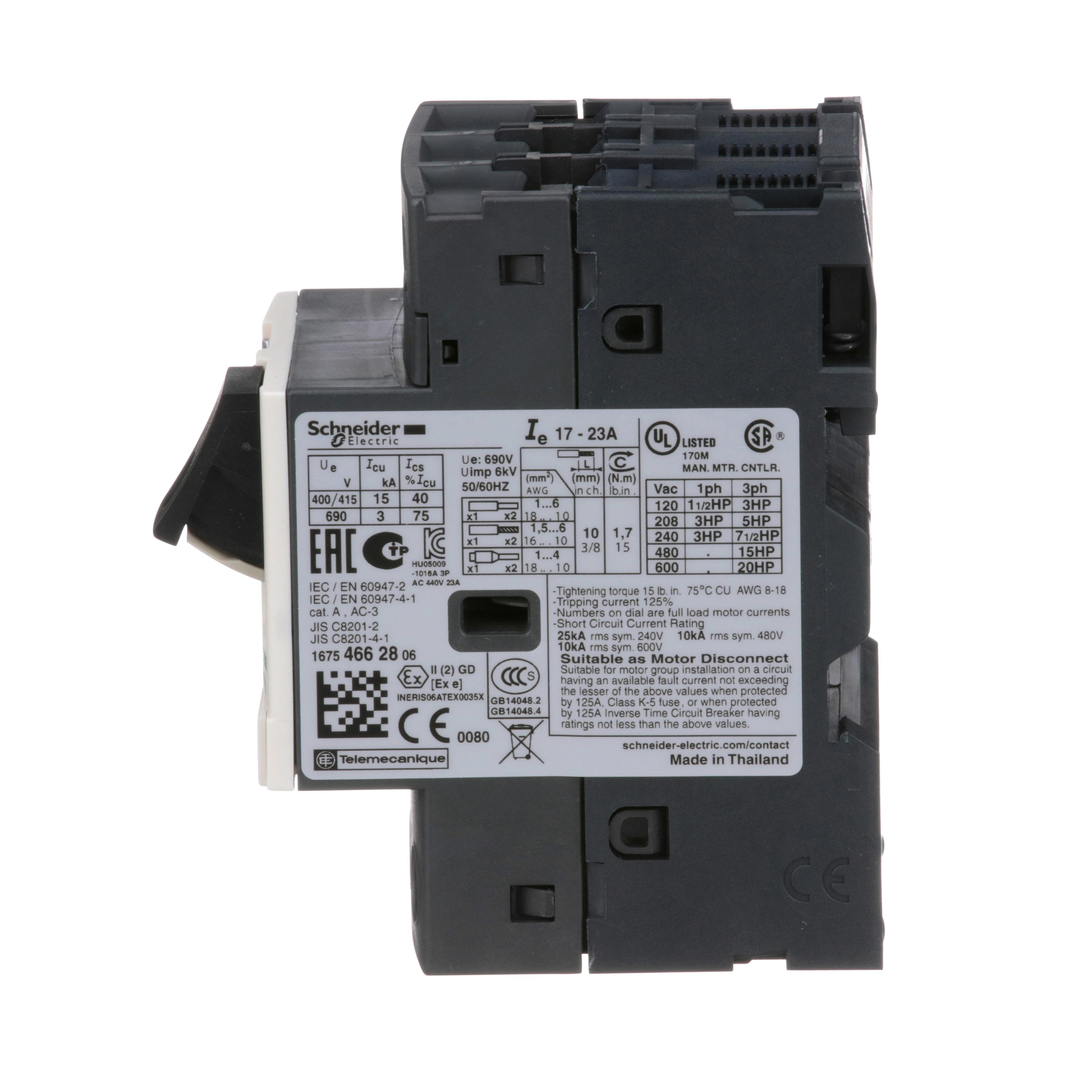 Picture of GV2ME21 - TeSys Deca Manual Starter and Protector, thermal magnetic circuit protector, push buttons, 17 to 23 A, screw clamp