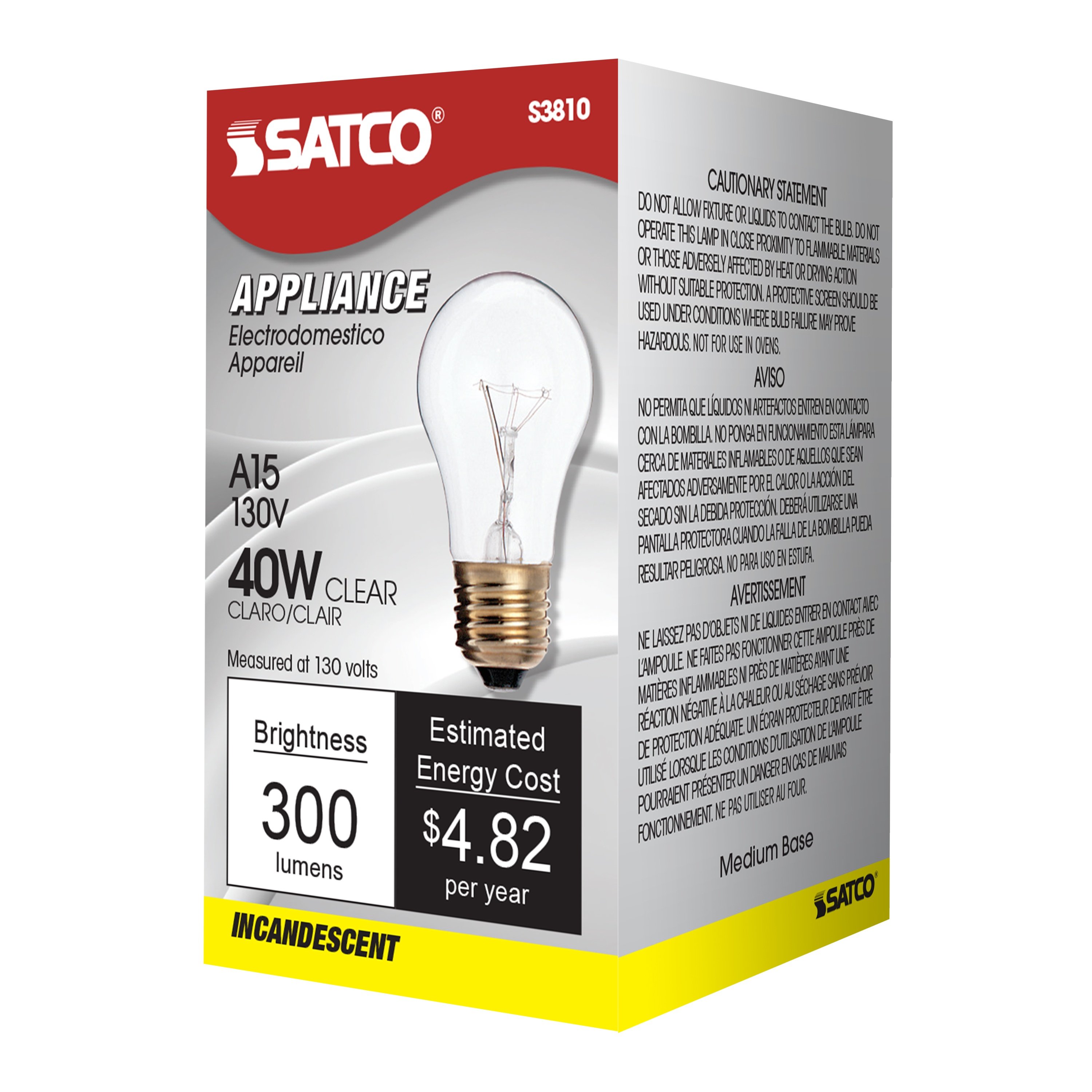 Picture of S3810 - 40 Watt A15 Incandescent - Clear - Appliance Lamp - 2500 Average rated hours - 300/225 Lumens - Medium base - 130/120 Volt