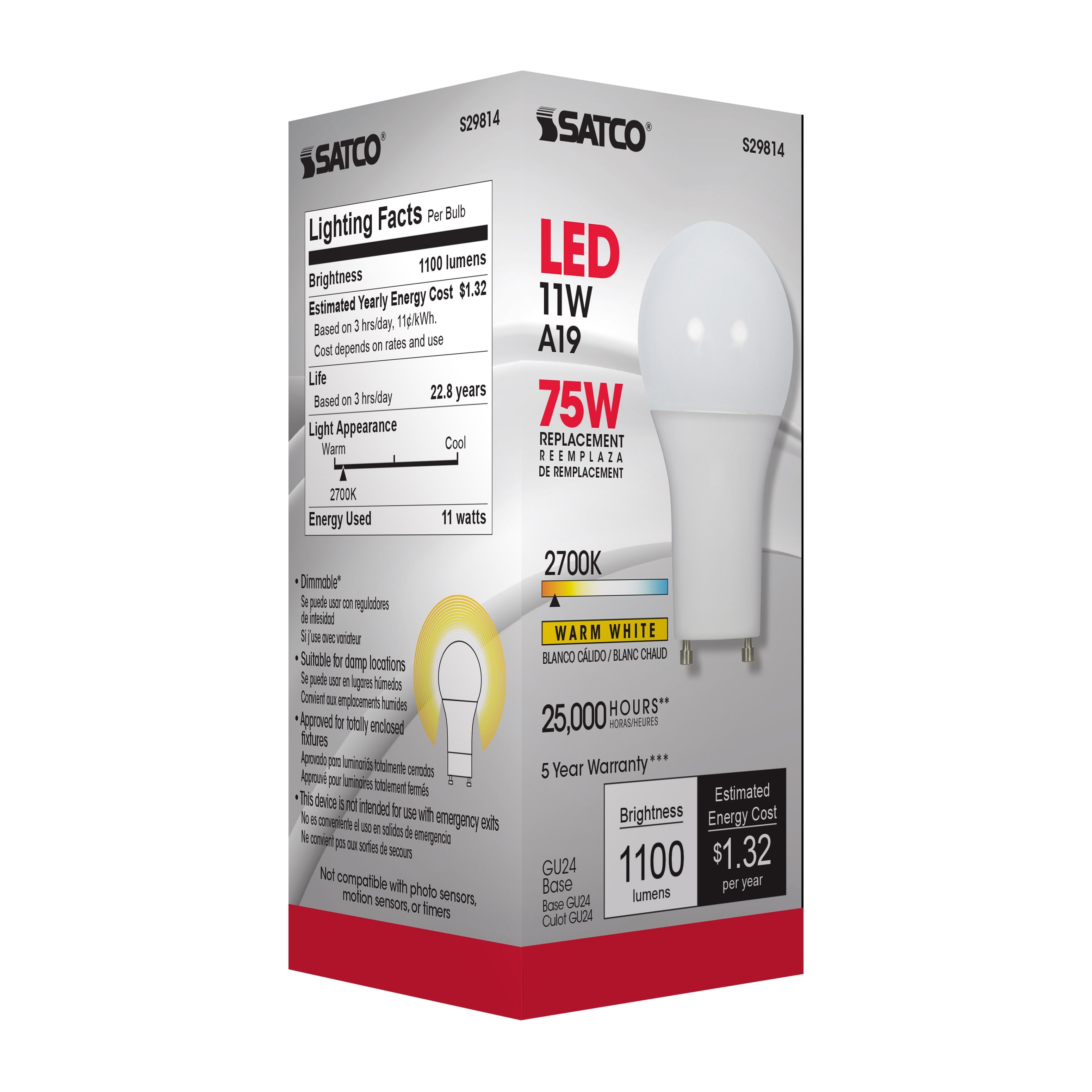 Picture of S29814 - 11 Watt - A19 LED - 2700K - GU24 base - 220 deg. Beam Angle - 120 Volt