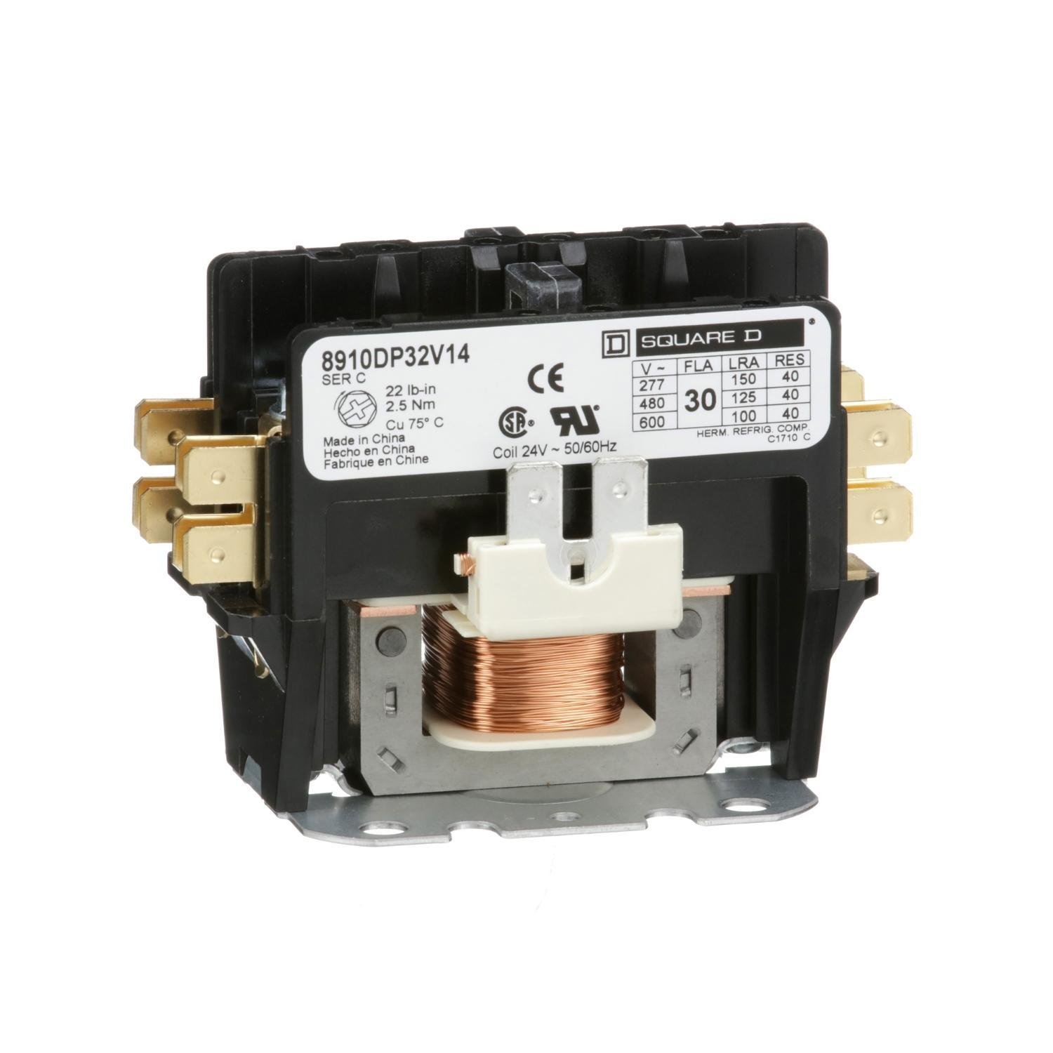 8910DP32V14 - Contactor, Definite Purpose, 30A, 2 pole, 24/24VAC 50/60Hz coil, open