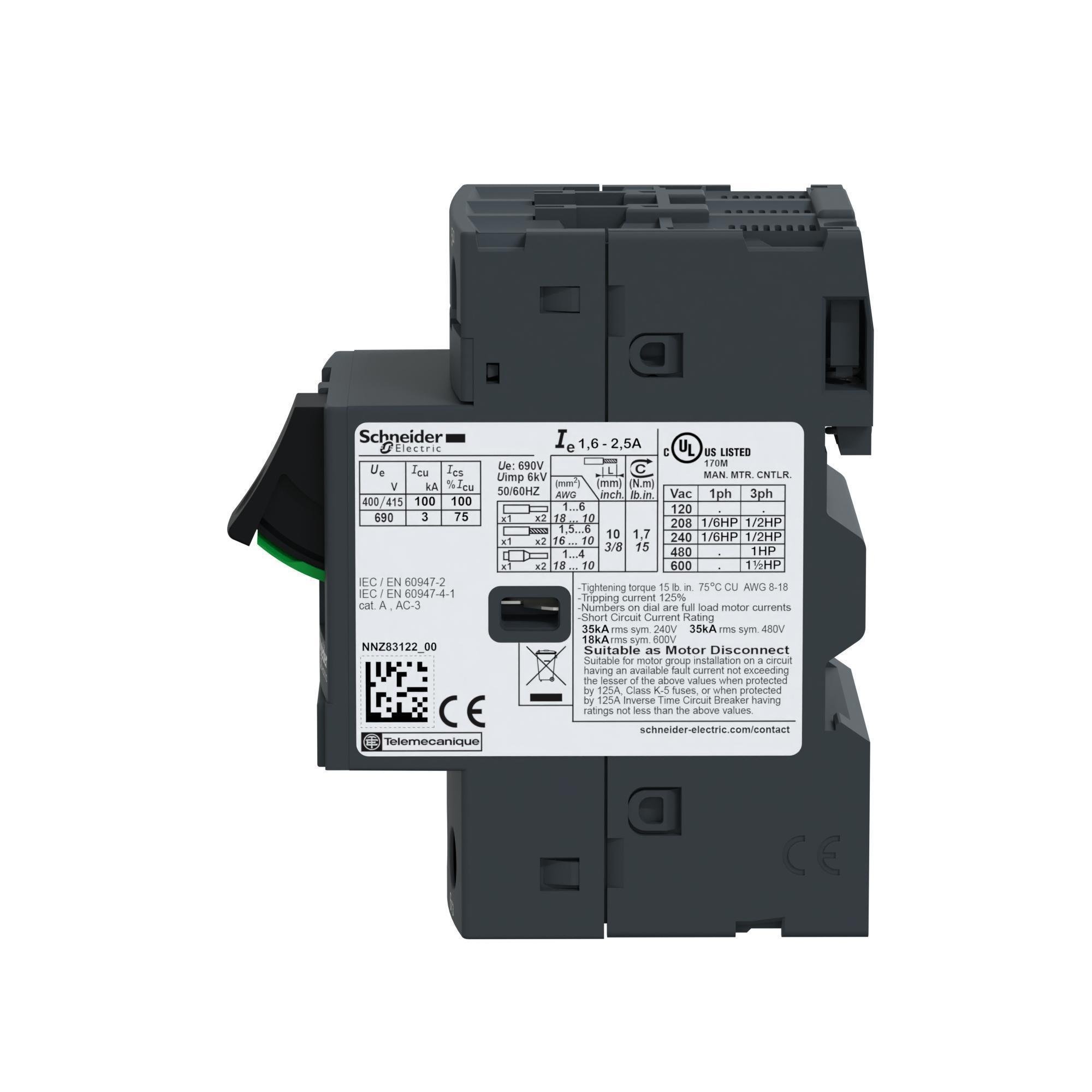 Picture of GP2E07 - Manual motor controller,Easy TeSys GP2E,3P,1.6-2.5A,thermal magnetic trip,screw clamp terminals