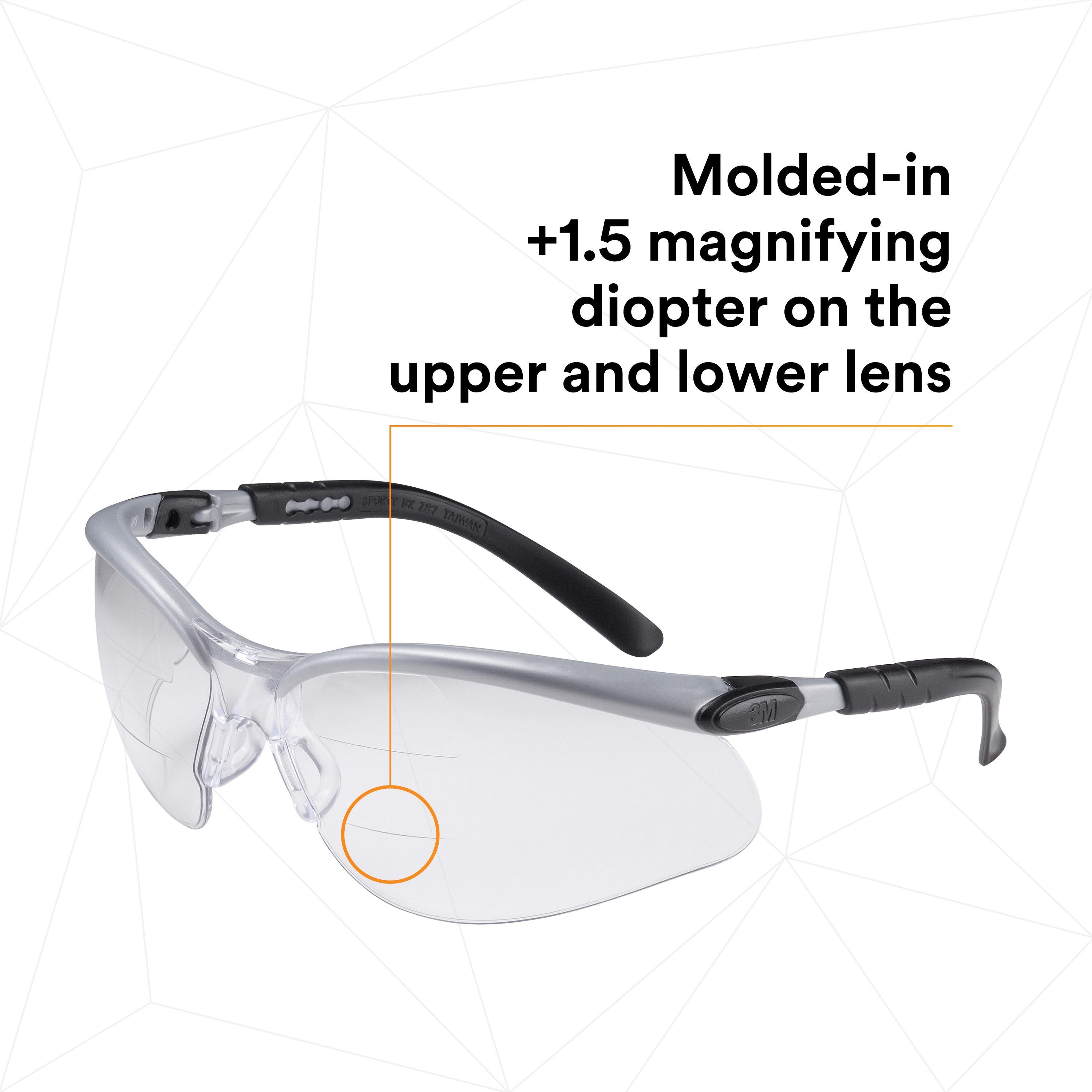 Picture of 11457-00000-10 - 3M BX Dual Reader Protective Eyewear 11457-00000-20, Clear Anti-Fog Lens, Silver/Black Frame, +1.5 Top/Bottom Diopter. 20 ea/Case