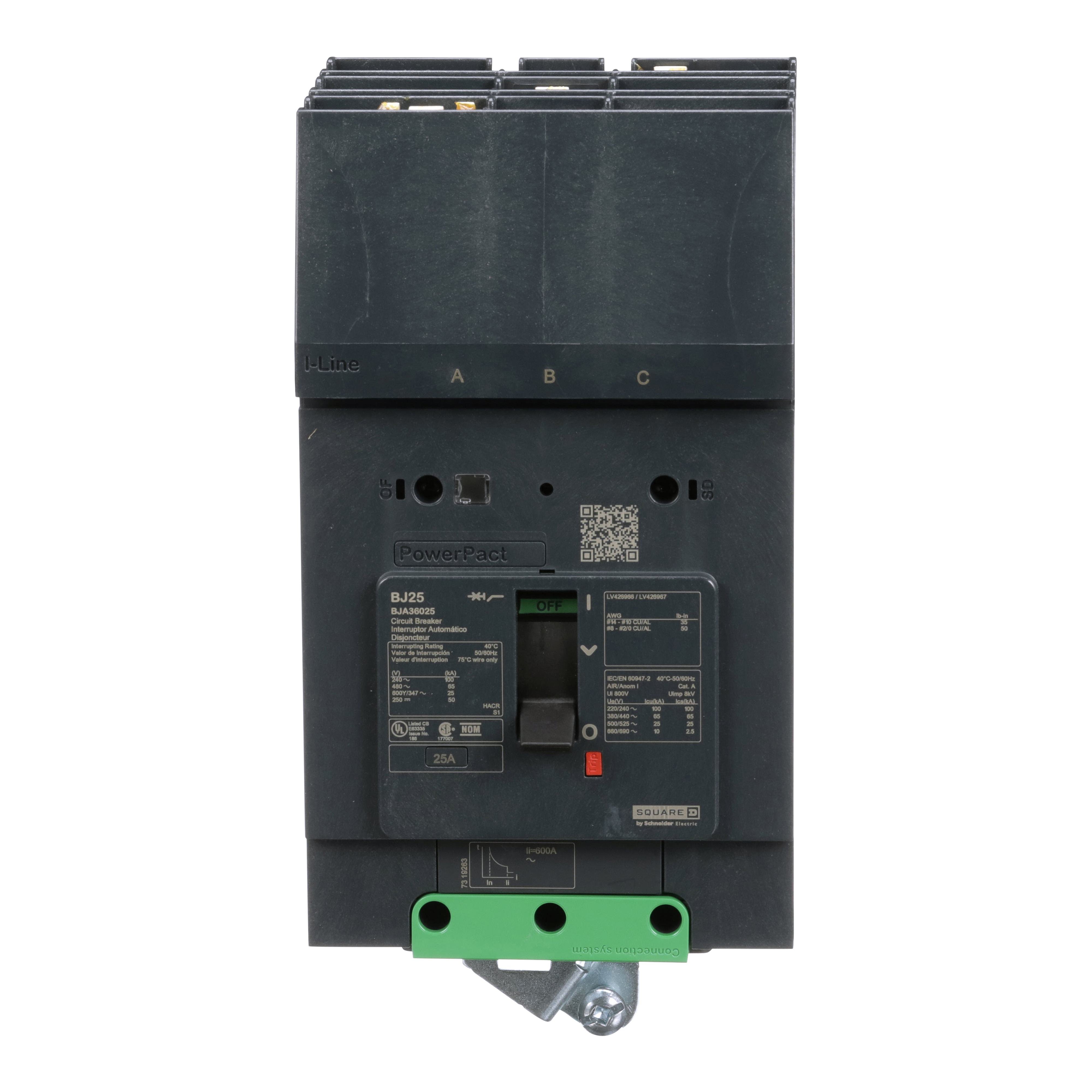 Picture of BJA36025 - Circuit breaker, PowerPacT B, 25A, 3 pole, 600Y/347VAC, 25kA, I-Line, thermal magnetic, 80%, ABC