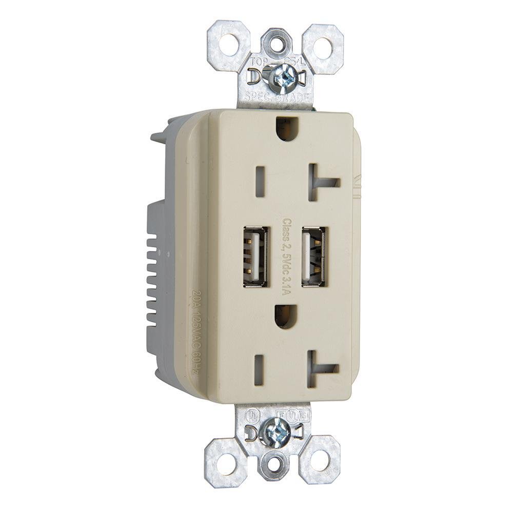 TR-5362USBI - 20A 125V Fed Spec-Grade Tamper-Resistant USB Type A/A Outlet, Ivory