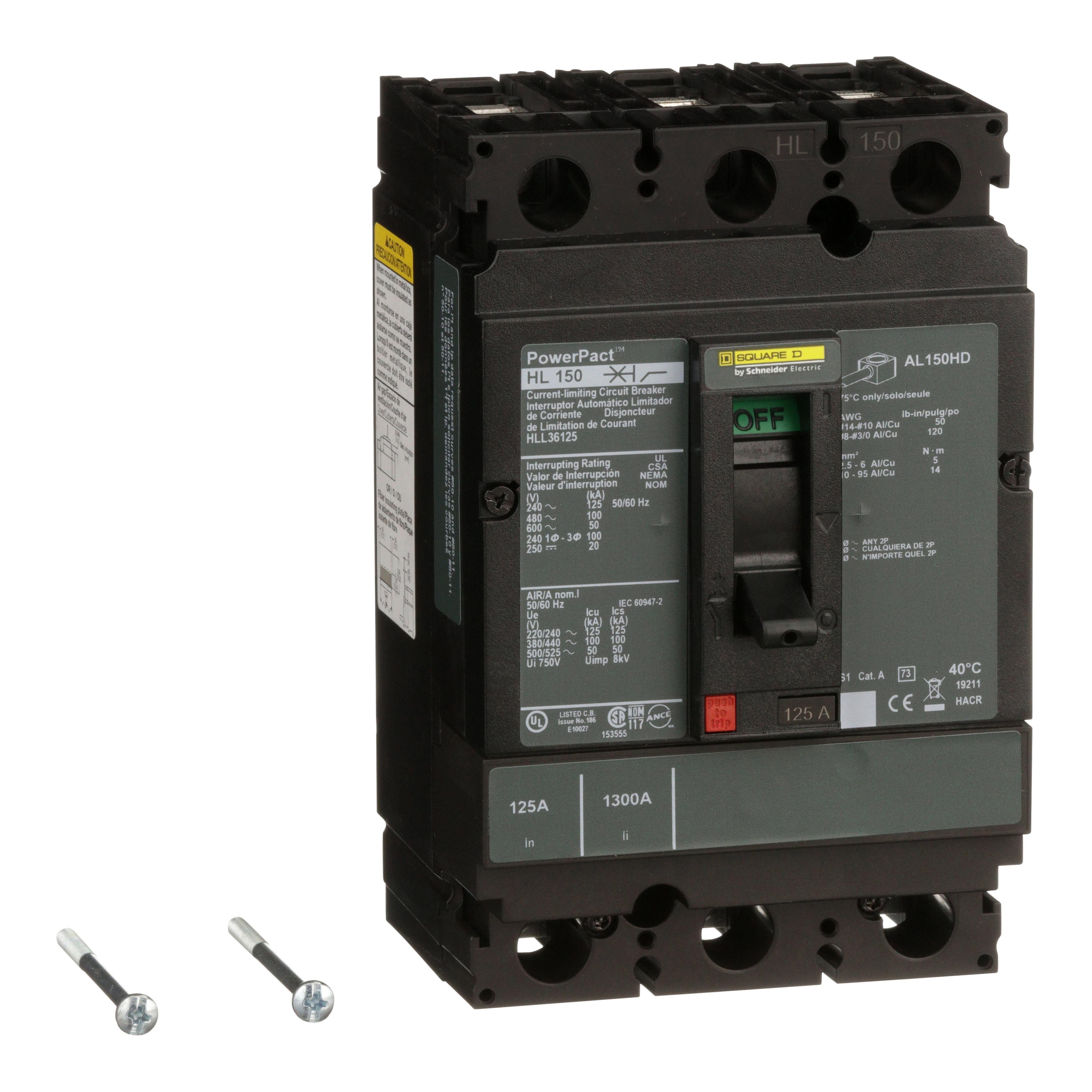 Picture of HLL36125 - Circuit breaker, PowerPacT H, 125A, 3 pole, 600VAC, 50kA, lugs, thermal magnetic, 80%