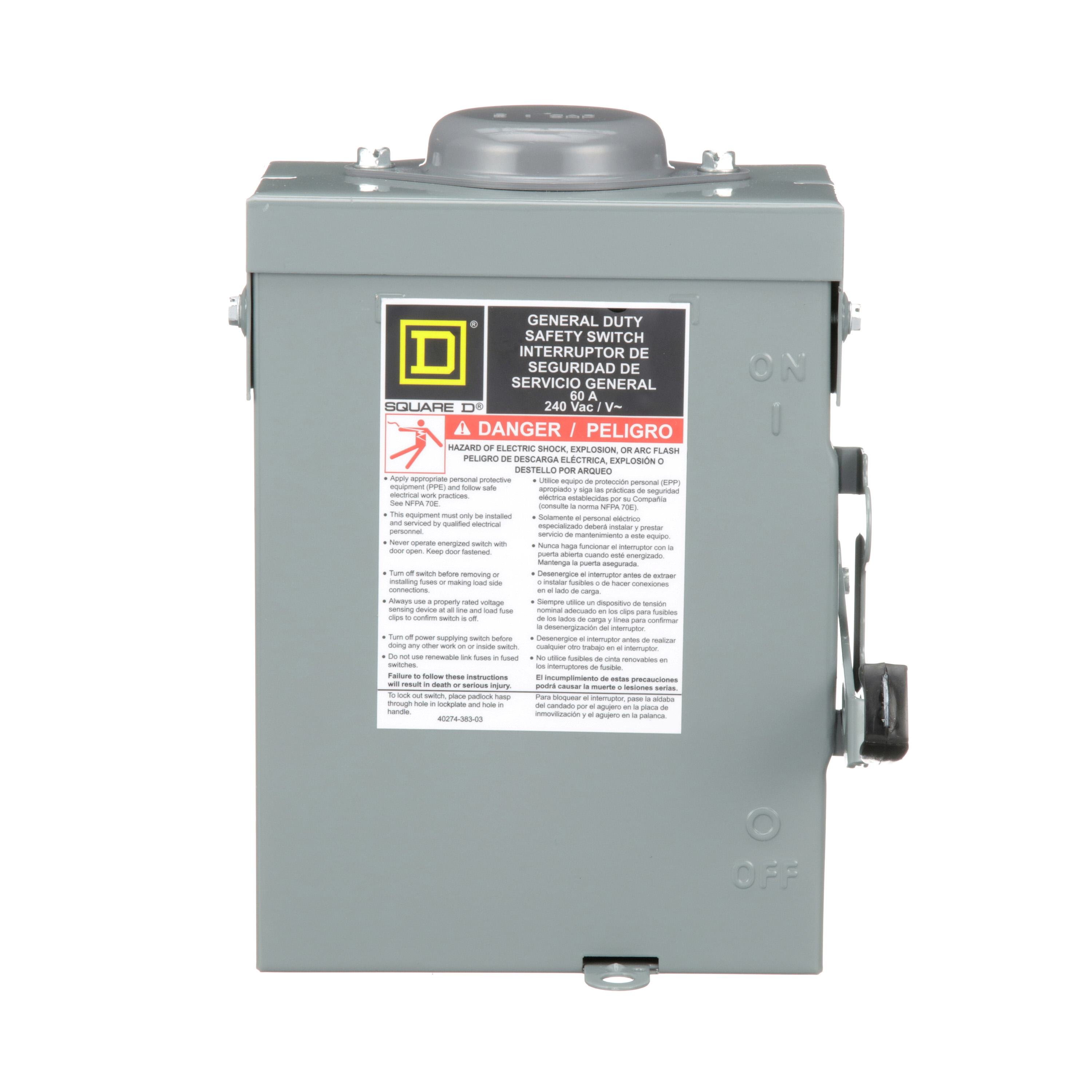 Picture of DU222RB - Safety switch, general duty, non fusible, 60A, 2 pole, 10hp, 240VAC, NEMA 3R, bolt on provision