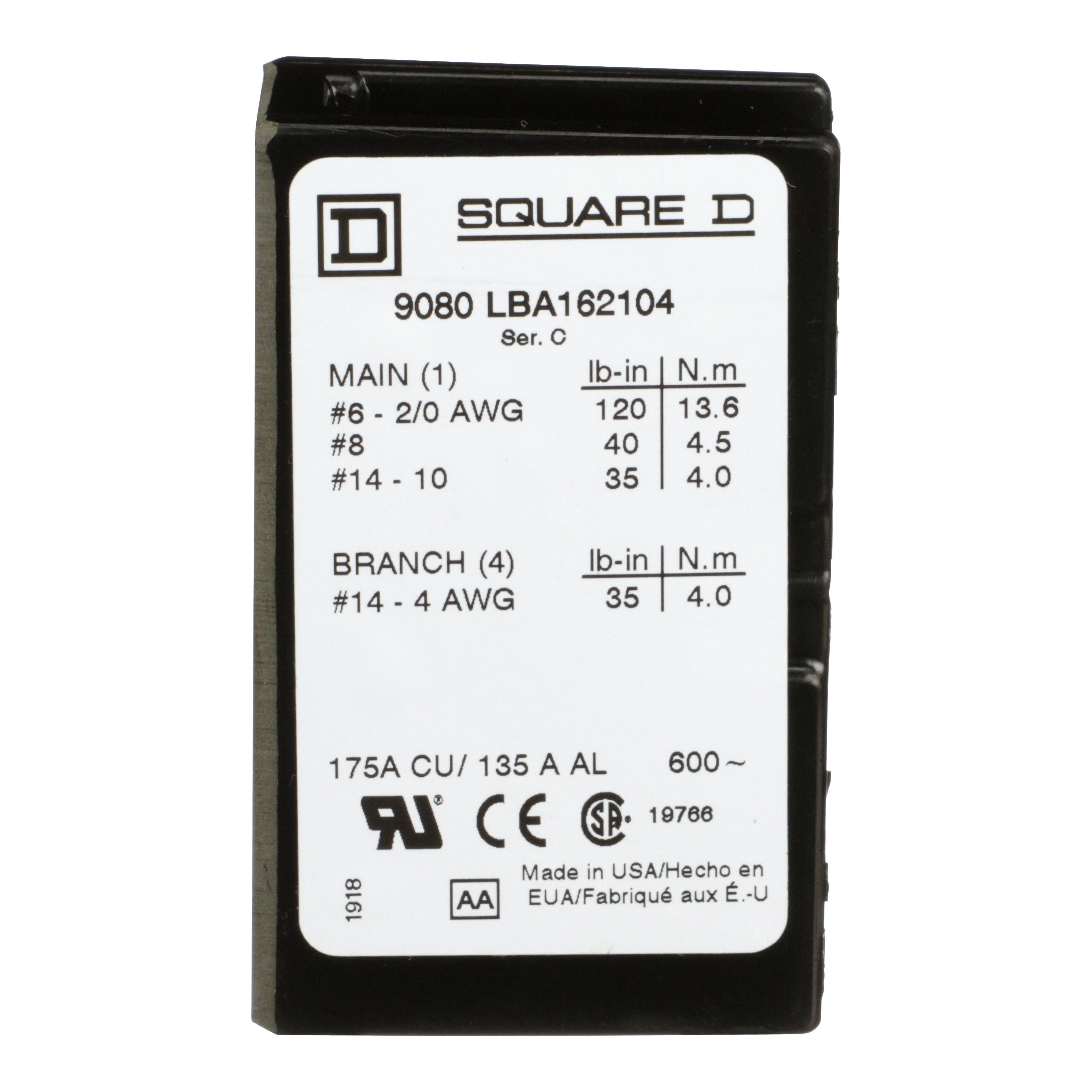 Picture of 9080LBA162104 - Power distribution block, Linergy, 1 pole, 1 line, 4 load, 175A CU, 135A AL, 600 V