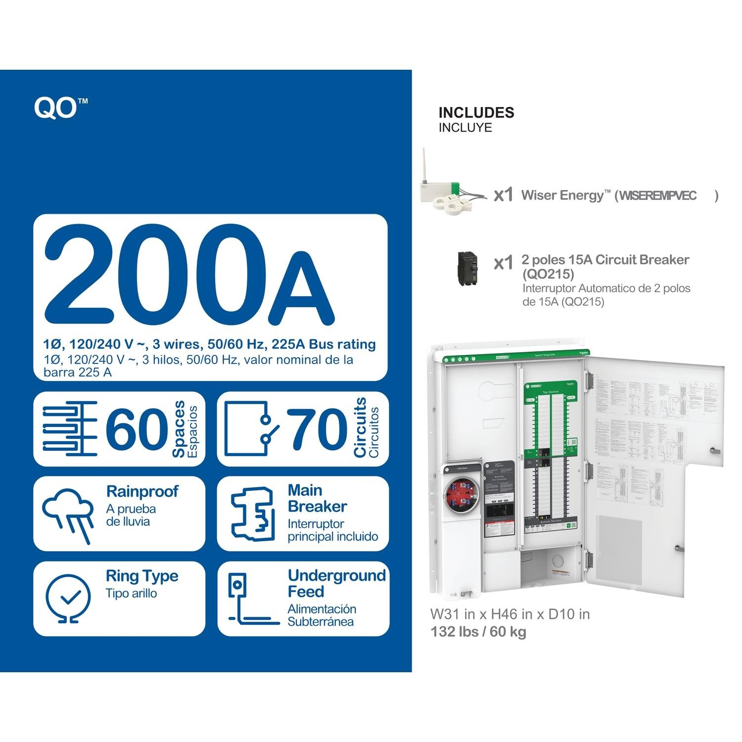 Picture of QOWC60M200PFY - Energy center, QO, 1 phase, 61 available circuits, 200A, PoN, ringed socket, semiflush, UG, solar, battery, gen ready