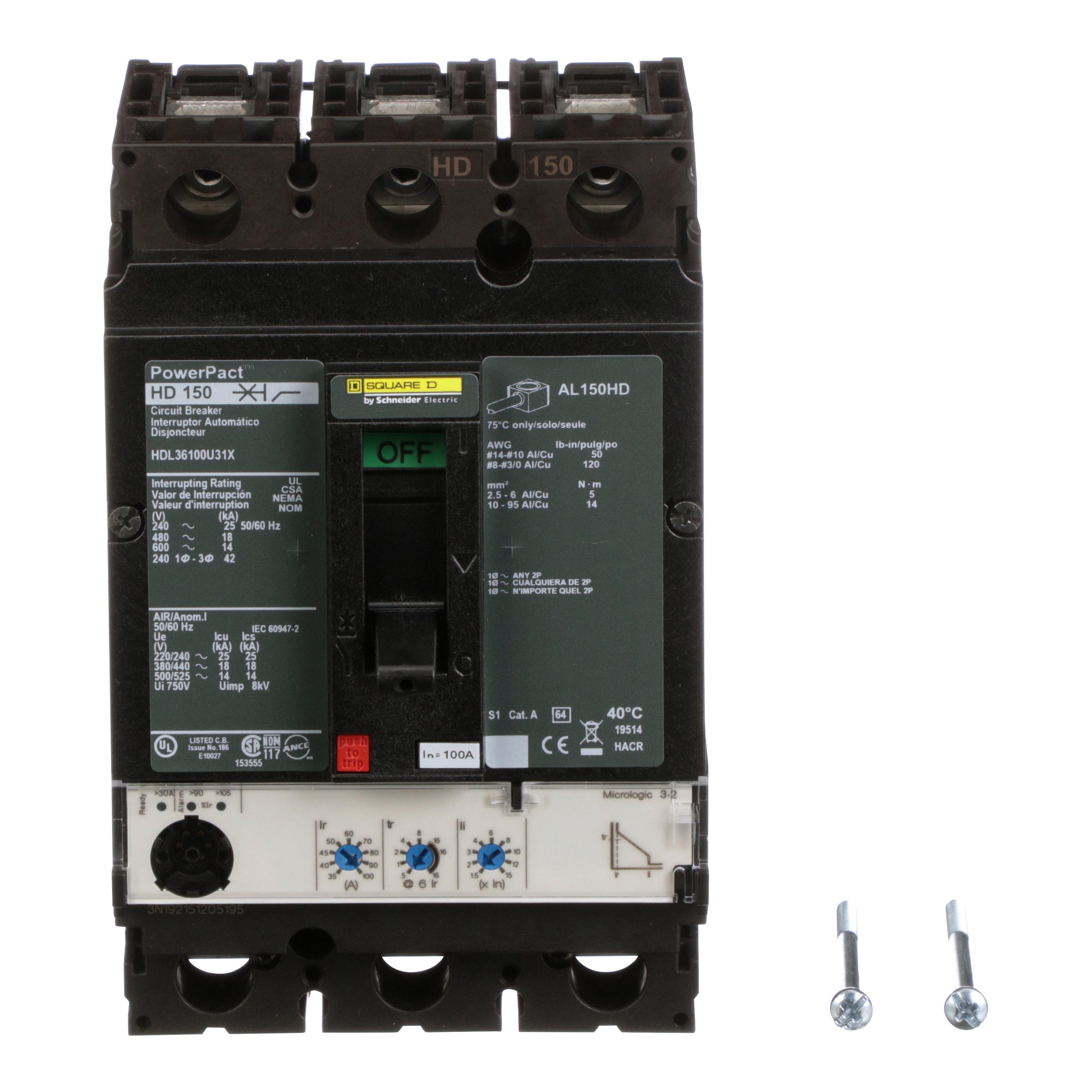 Picture of HDL36100U31X - Circuit breaker, PowerPacT H, 100A, 3 pole, 600VAC, 14kA, lugs, Micrologic 3.2, 80%