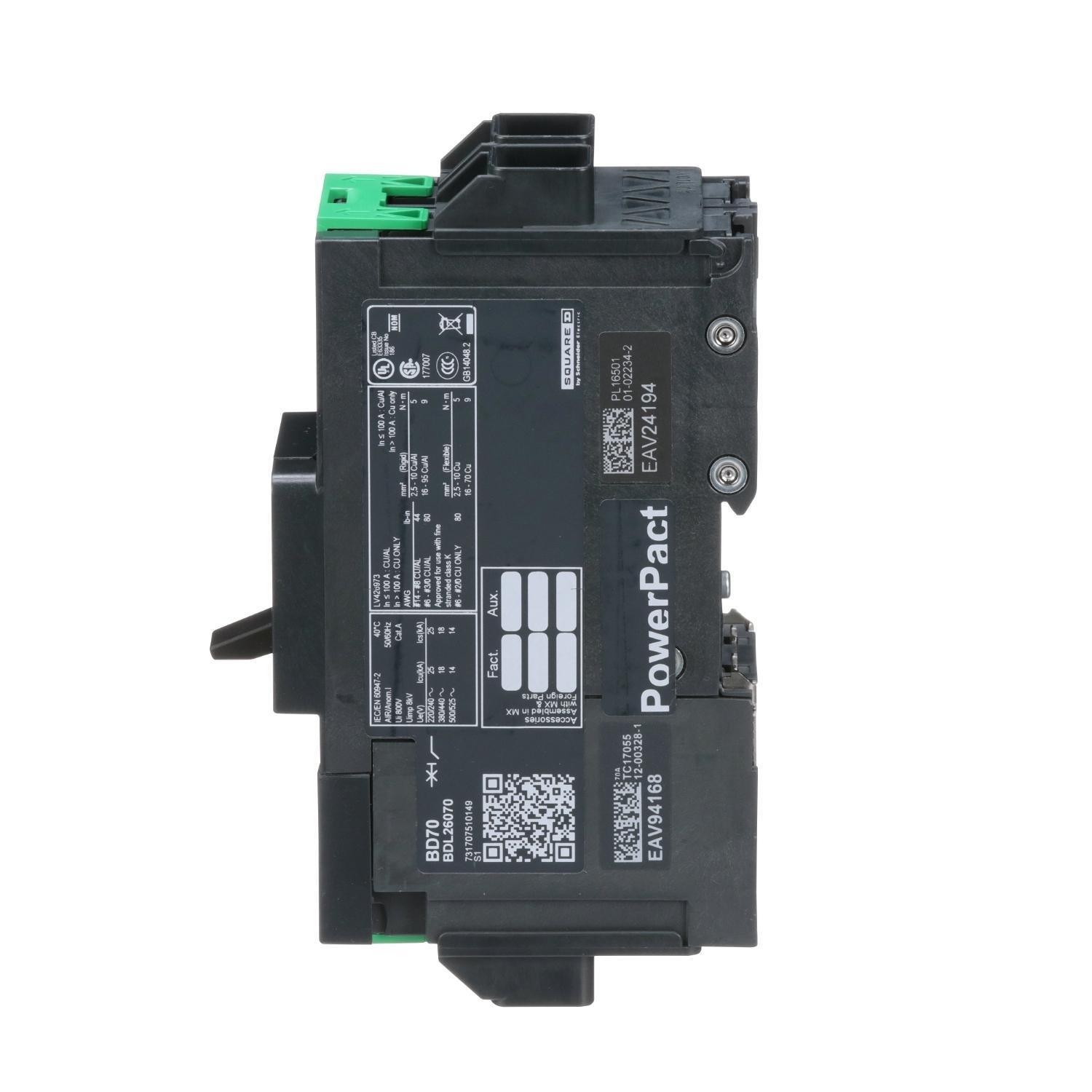 Picture of BDL26070 - Circuit breaker, PowerPacT B, 70A, 2 pole, 600Y/347VAC, 14kA, lugs, thermal magnetic, 80%