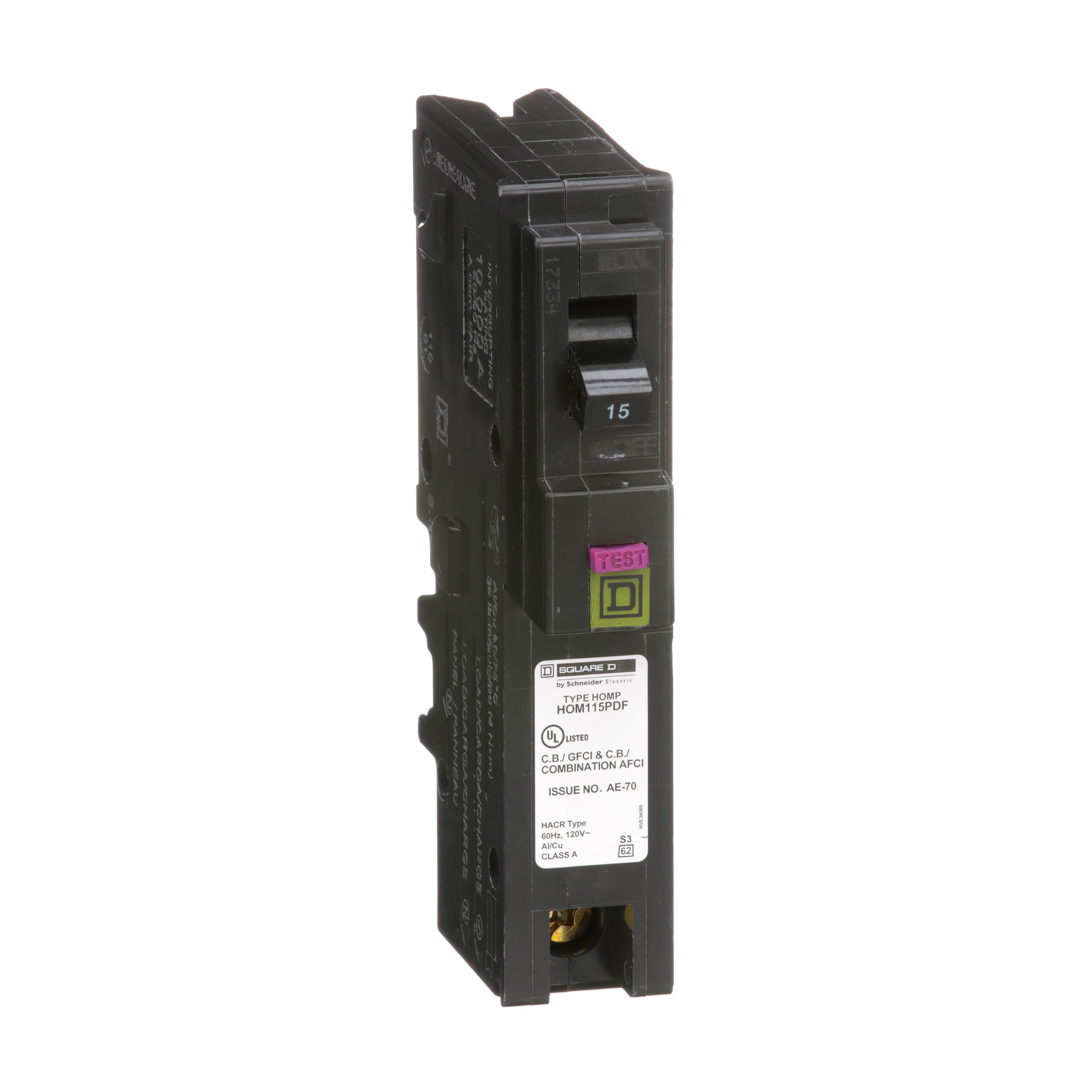HOM115PDF - [TAA] Mini circuit breaker, Homeline, 15A, 1 pole, 120VAC, 10kA AIR, combo ARC/ground fault, plug on neutral, plug in, UL