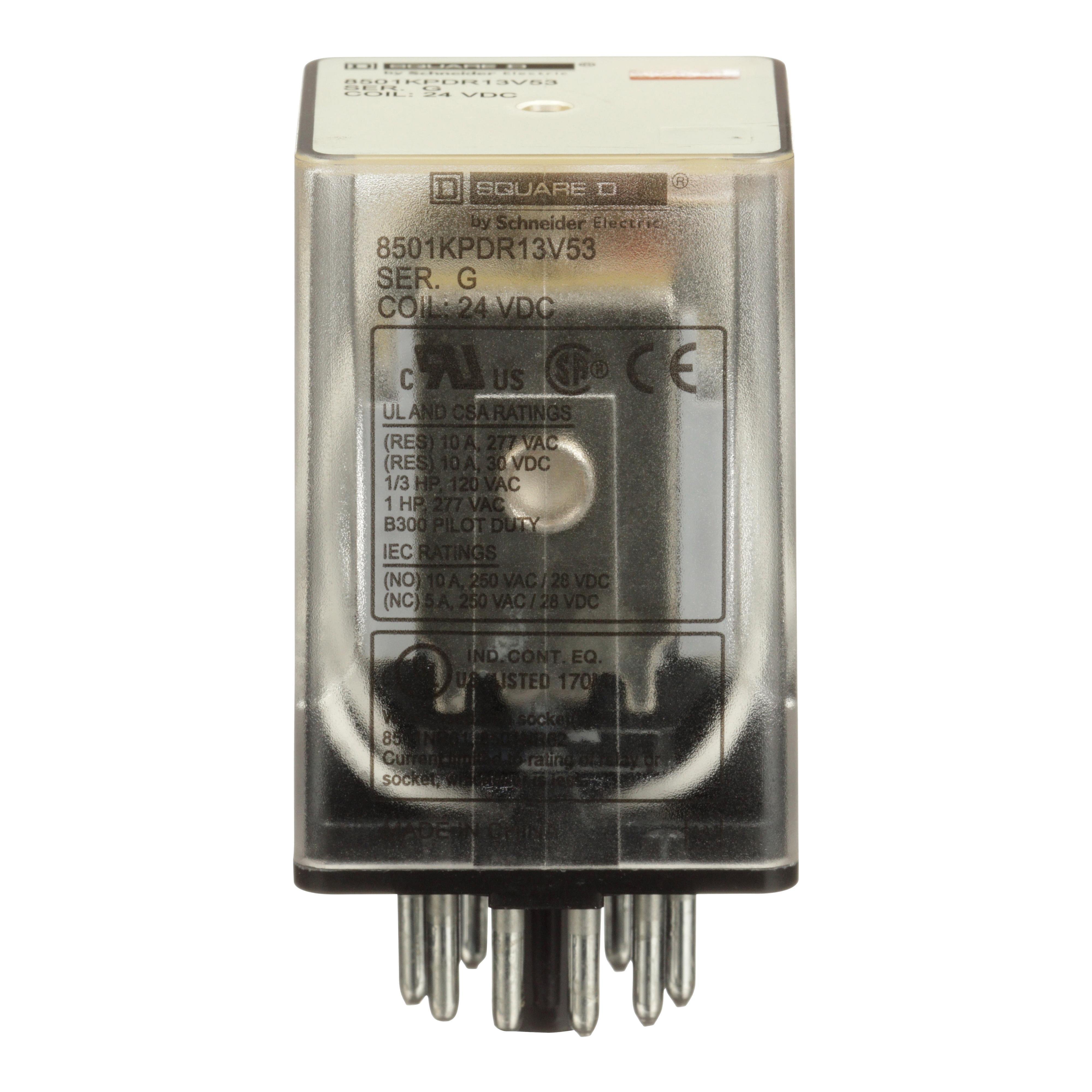 8501KPDR13V53 - Plug in relay, Type KP, tubular, 1 HP at 277 VAC, 10A resistive at 120 VAC, 11 pin, 3PDT, 3 NO, 3 NC, 24 VDC coil