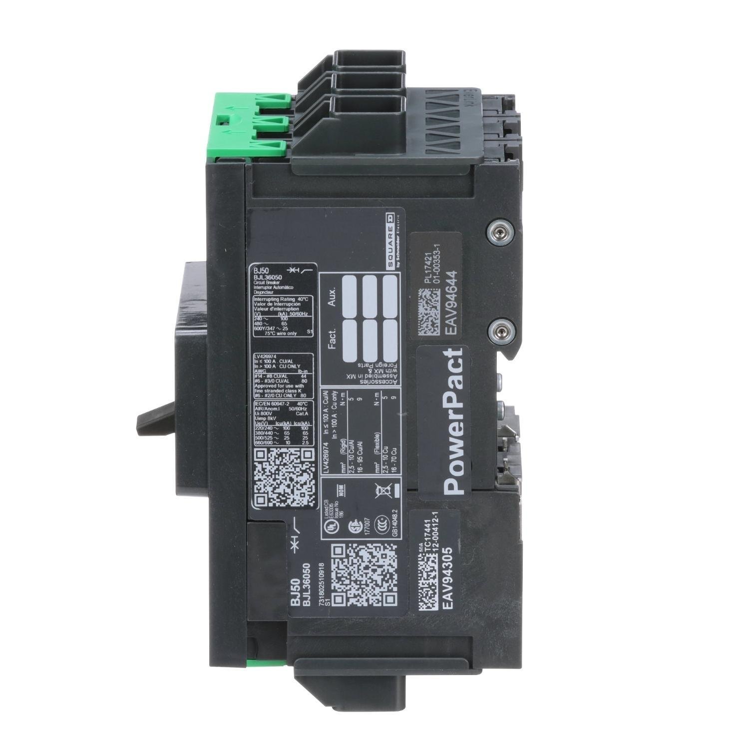 Picture of BJL36050 - Circuit breaker, PowerPacT B, 50A, 3 pole, 600Y/347VAC, 25kA, lugs, thermal magnetic, 80%