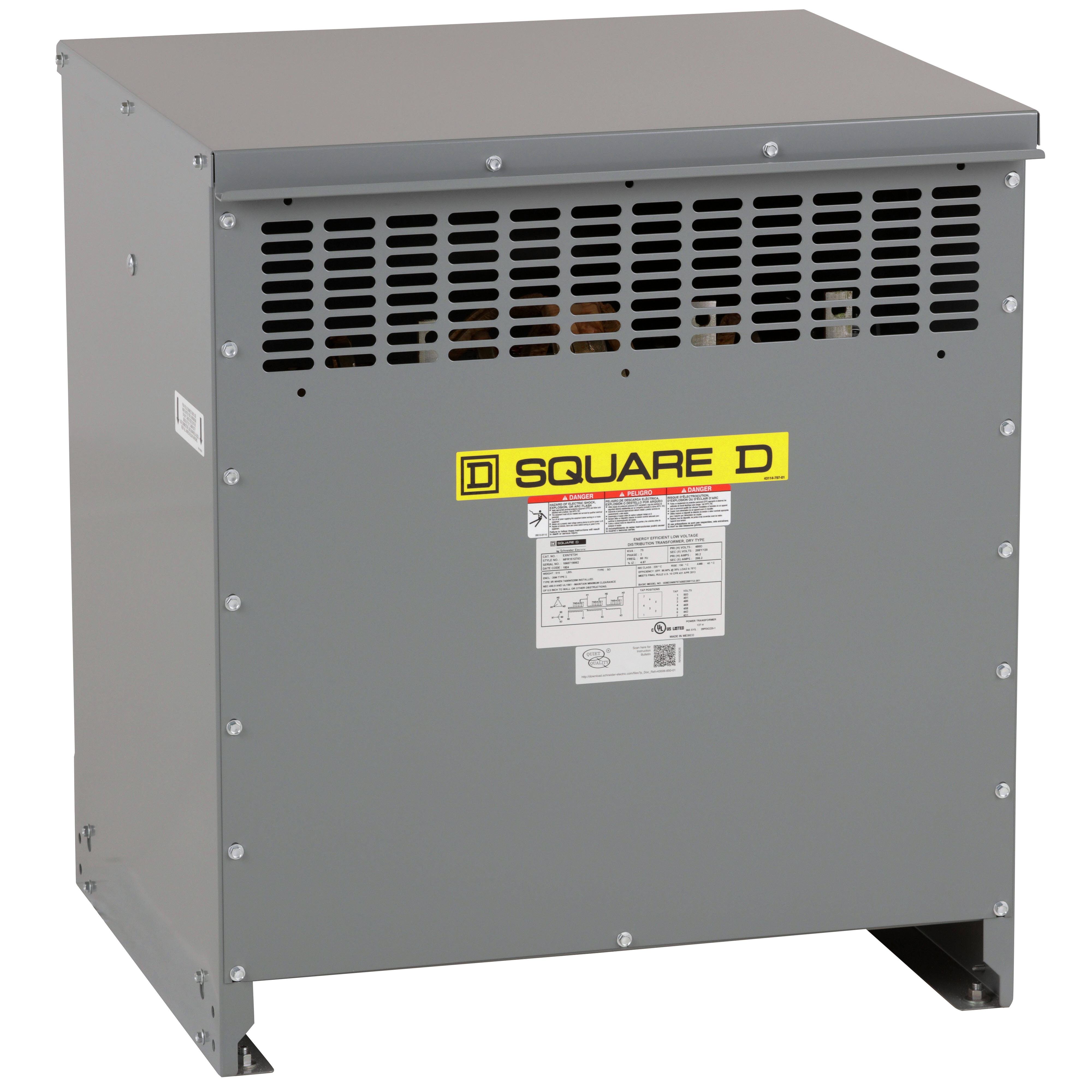 EXN75T3HCU - Transformer, dry type, DOE 2016, 75kVA, 3 phase, 480V delta primary, 208Y/120V secondary, 20M, 150C rise, Cu