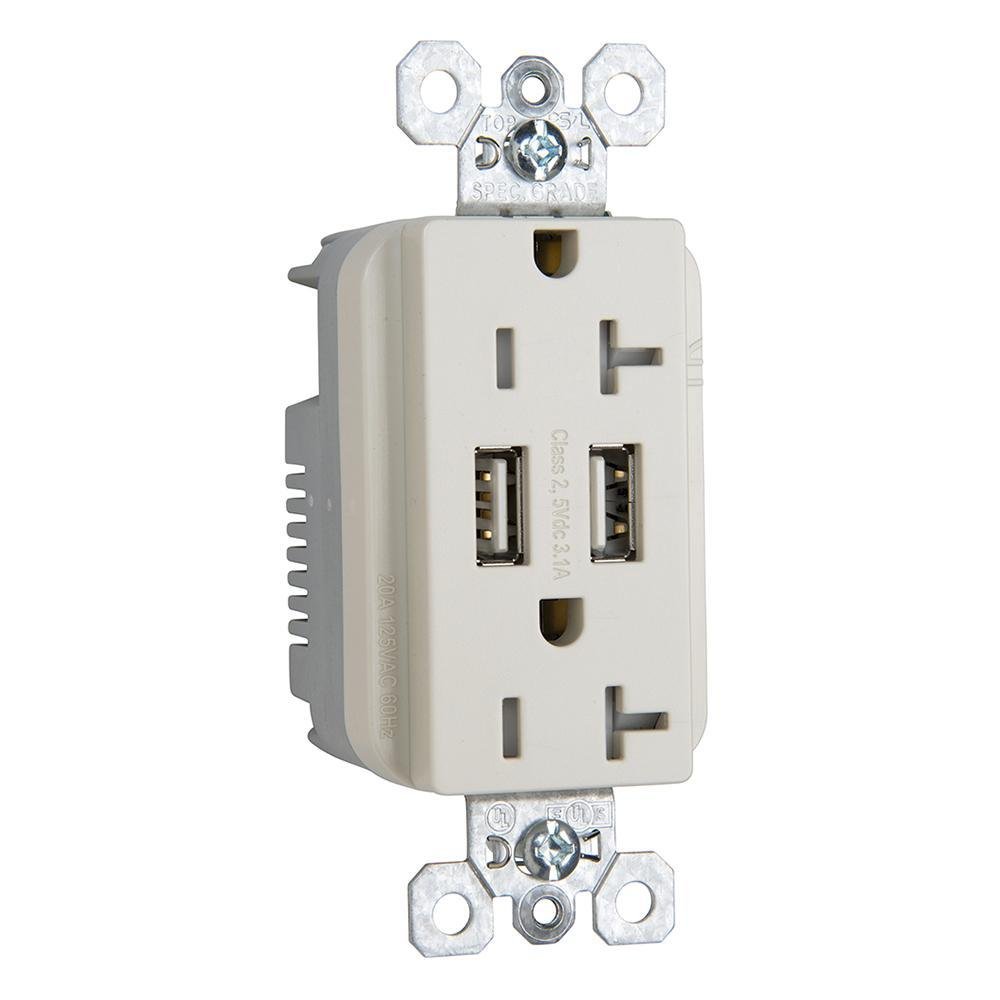 TR-5362USBLA - 20A 125V Fed Spec-Grade Tamper-Resistant USB Type A/A Outlet, Light Almond