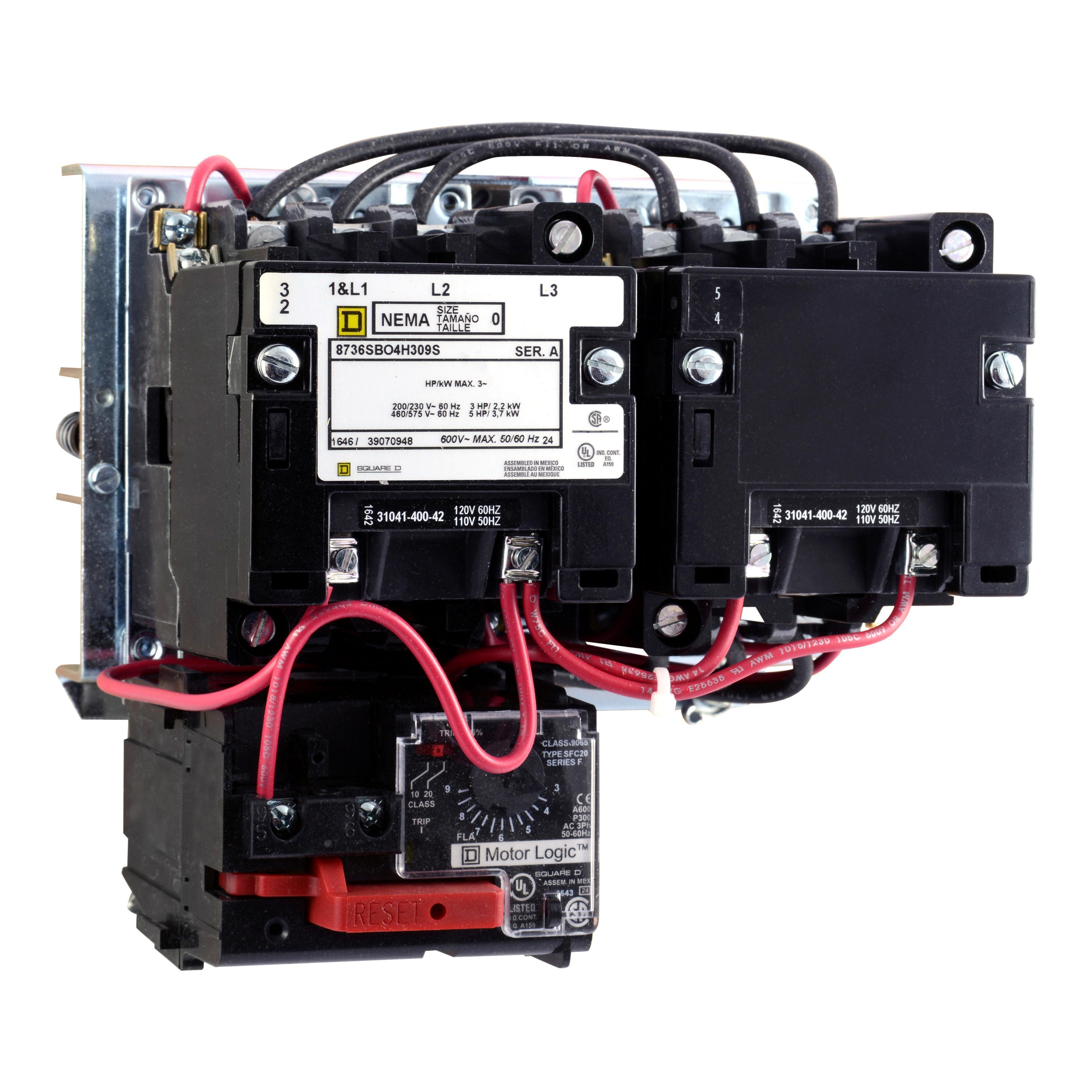 8736SCO8V02H30S - NEMA starter, Type S, reversing, horizontal, Size 1, 27A, 10HP at 575VAC, up to 100kA SCCR, 3 phase, 3 pole, Motor Logic SSOLR, 120VAC coil, open [TAA]