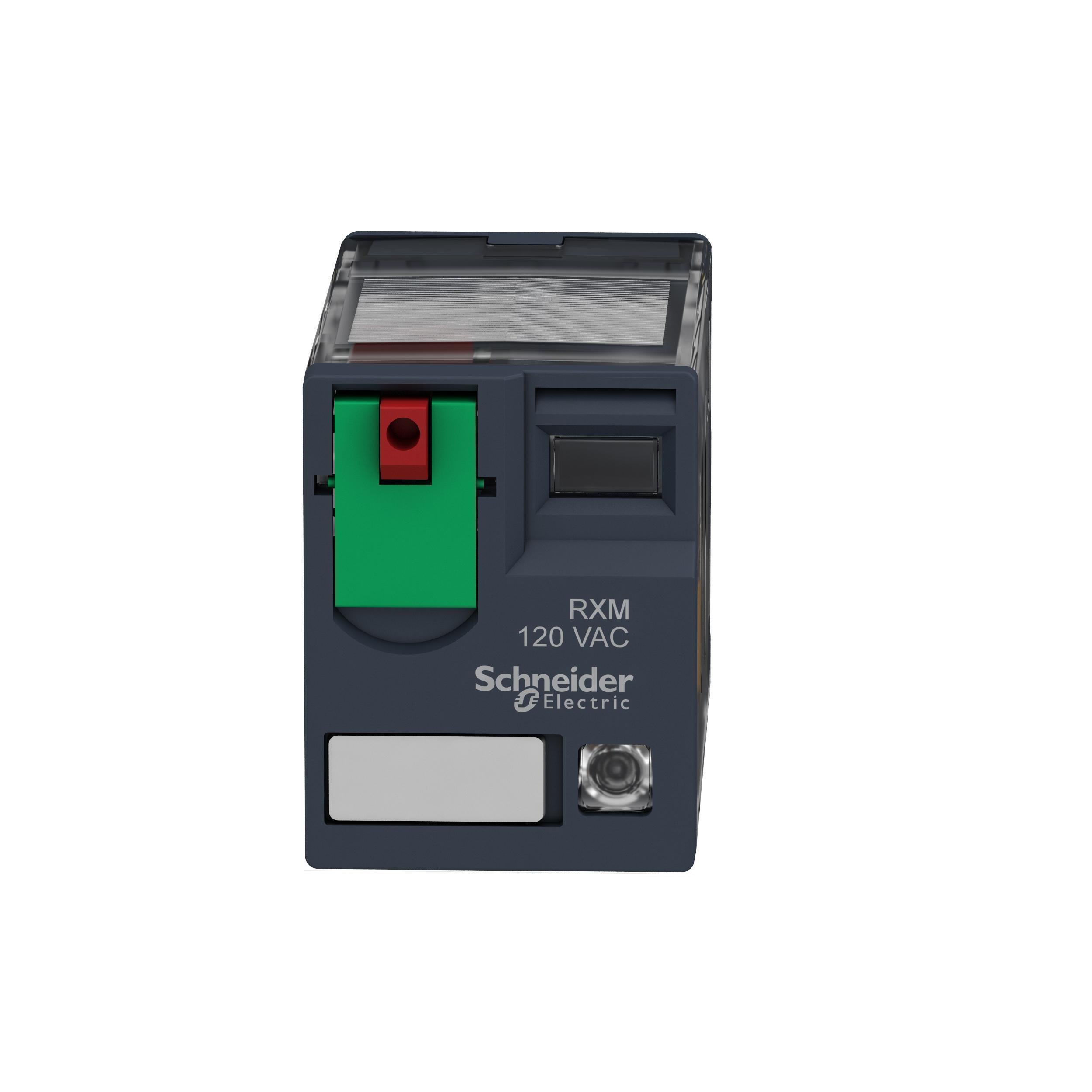 RXM2AB2F7 - miniature plug in relay, Harmony Electromechanical Relays, 12A, 2CO, with LED, lockable test but to n, 120V AC