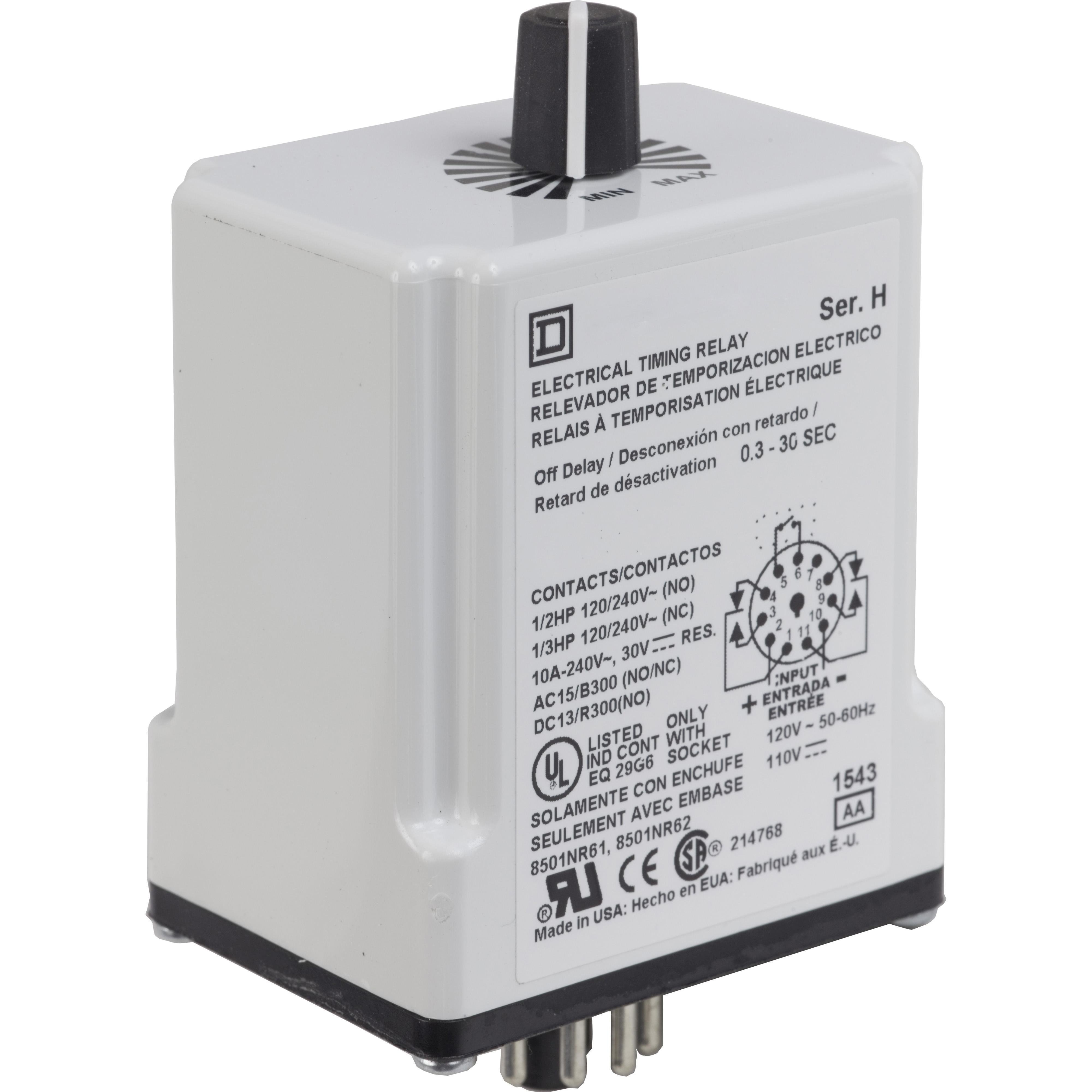 9050JCK24V20 - Timing Relay, Type JCK, plug In, off delay, adjustable time, 1.2 to 120 seconds, 10A, 240VAC, 120VAC/110VDC