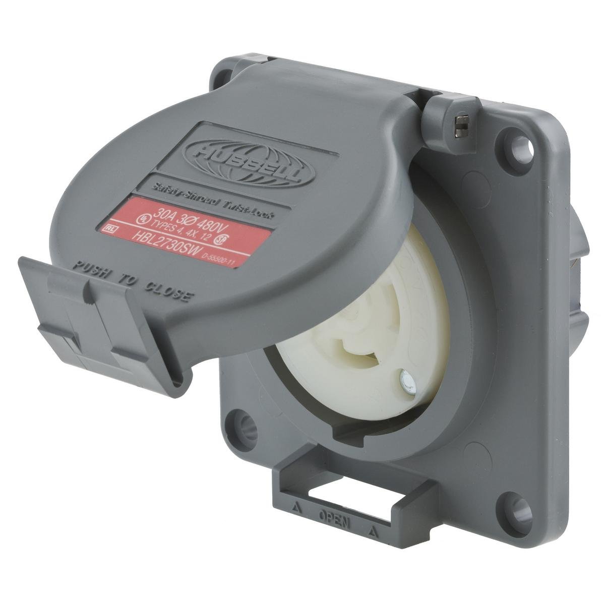 HBL2730SW - Locking Devices, Twist-Lock®, Watertight Safety Shroud, Receptacle, 30A 3-Phase Delta 480V AC, 3-Pole 4-Wire Grounding, L16-30R, Screw Terminal, Gray