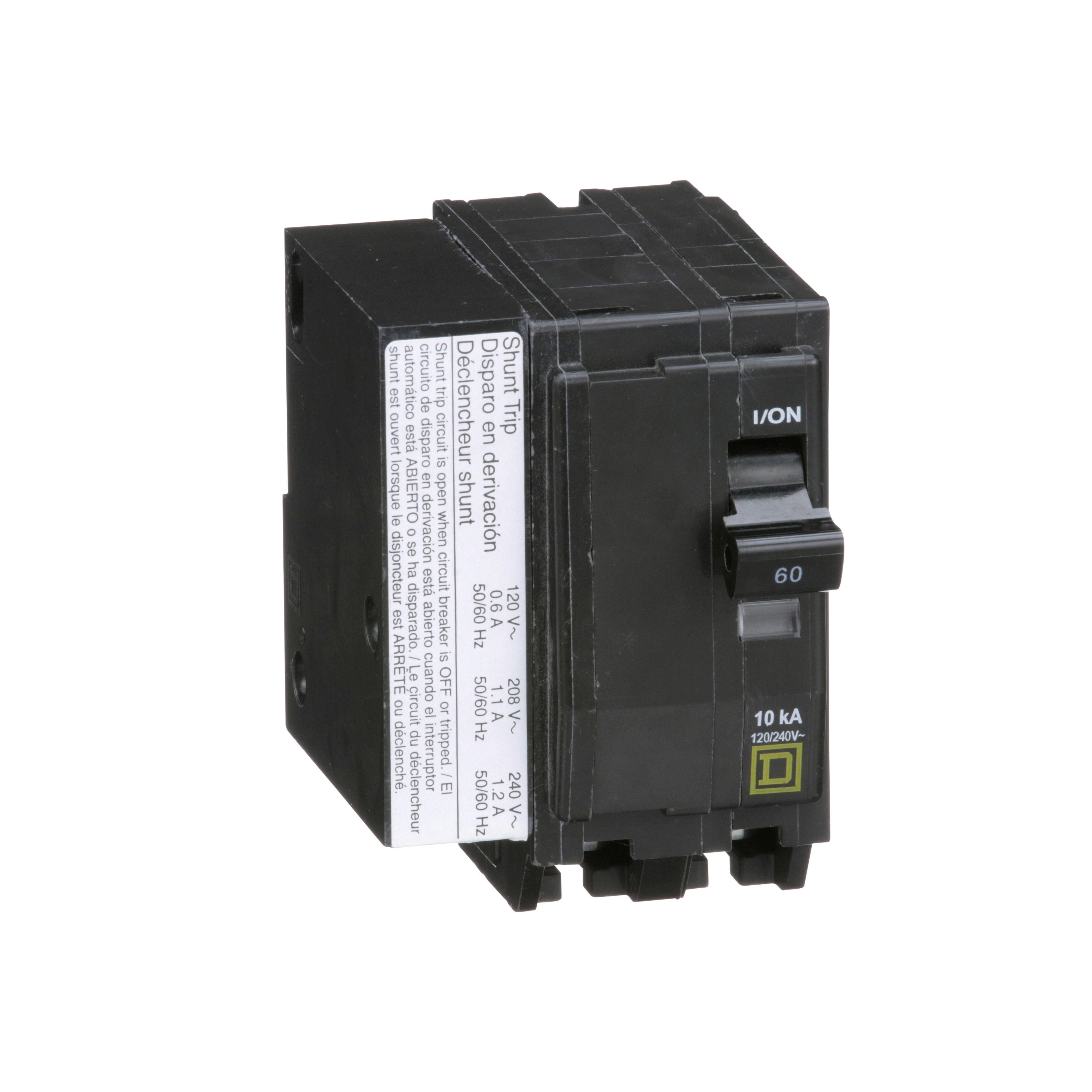 Picture of QO2601021 - Mini circuit breaker, QO, 60A, 2 pole, 120/240VAC, 10kA, plug in, AC shunt