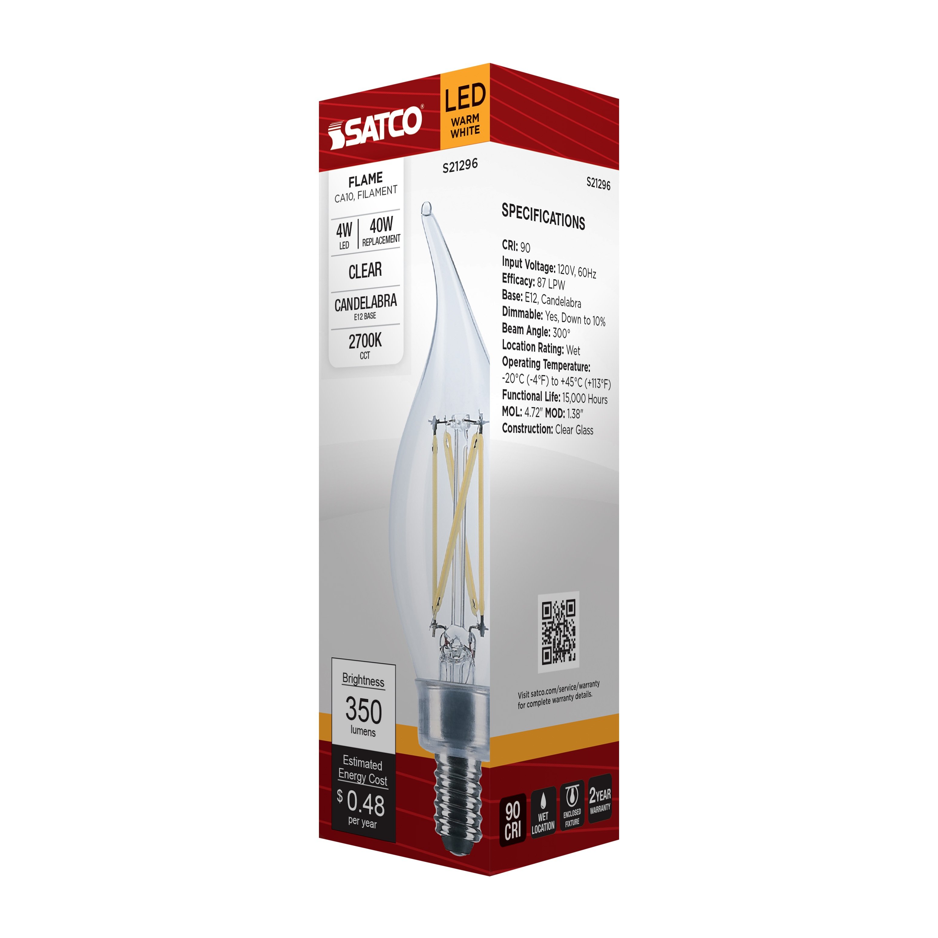 Picture of S21296 - 4 Watt CA10 LED - Clear - Candelabra base - 90 CRI - 2700K - 120 Volt